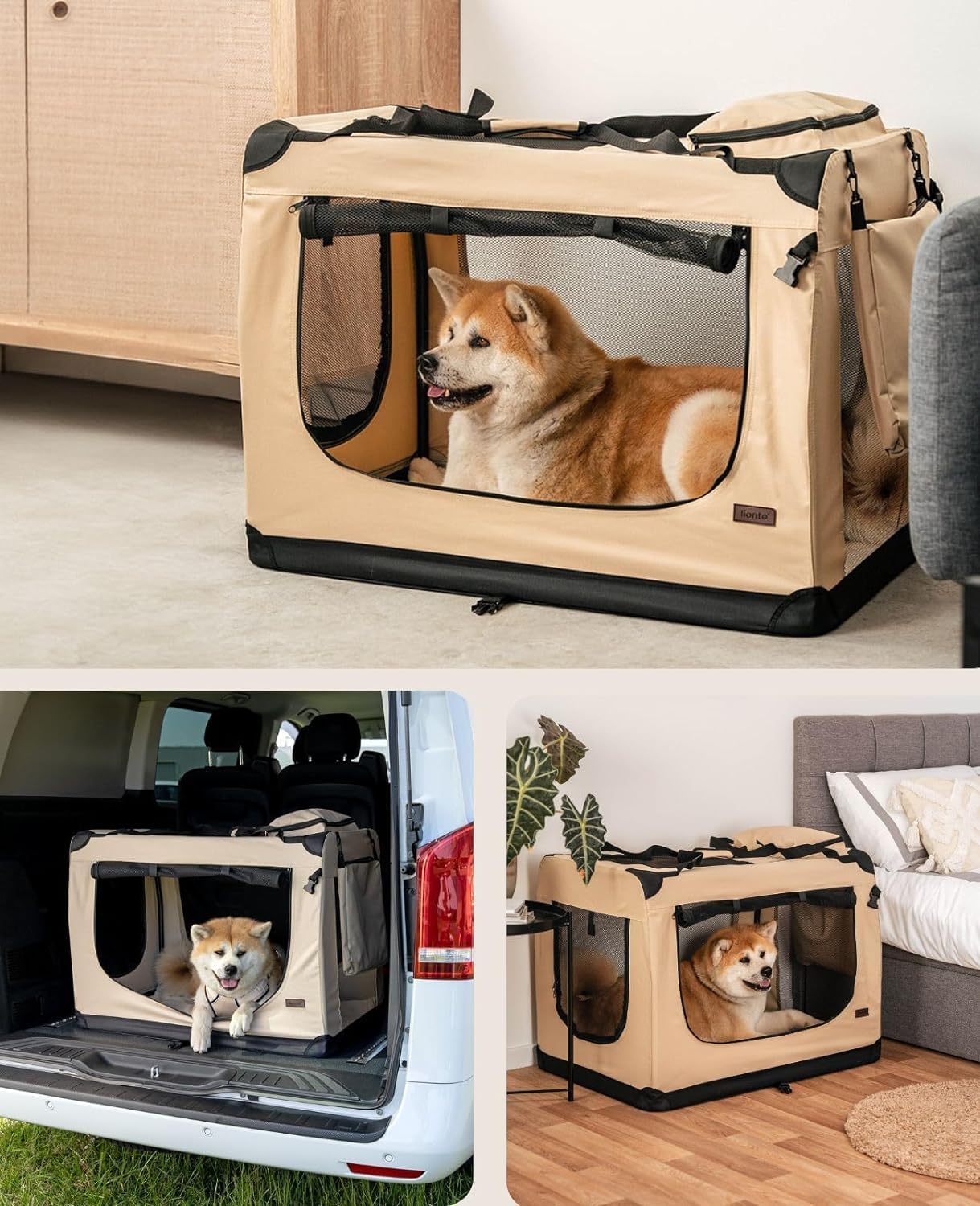 lionto Dog transport box foldable for travel & car, 50x34x36 cm, sturdy transport box with carrying handles & blanket for cats & dogs up to 10 kg, sturdy fabric dog box for small & large, beige - Comfort Style