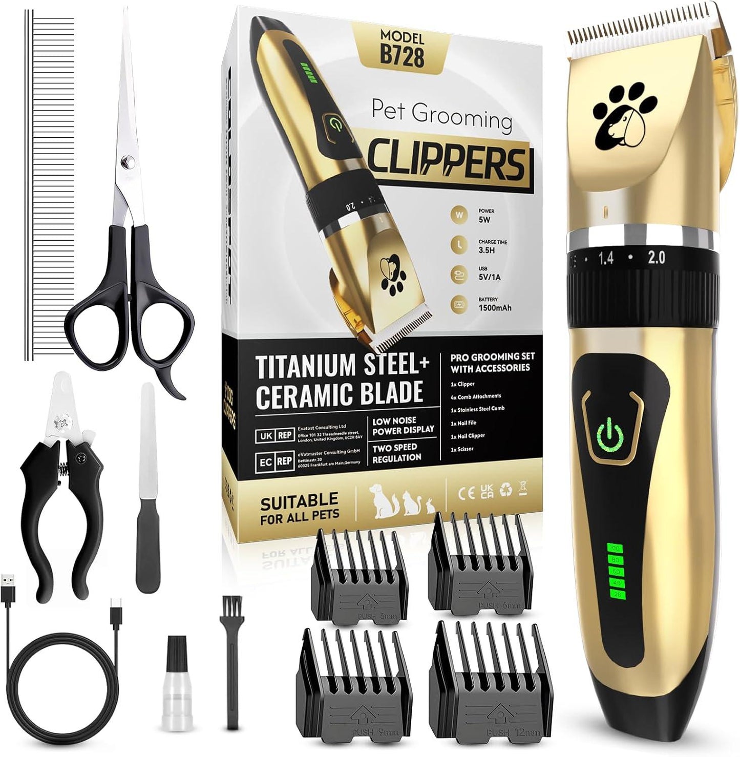 Dog Clippers Cordless, Professional Dog Trimmer, 2-Speed Low Noise Dog Grooming Kit, Pet Trimmer for Small Large Thick Hair Dogs - Comfort Style