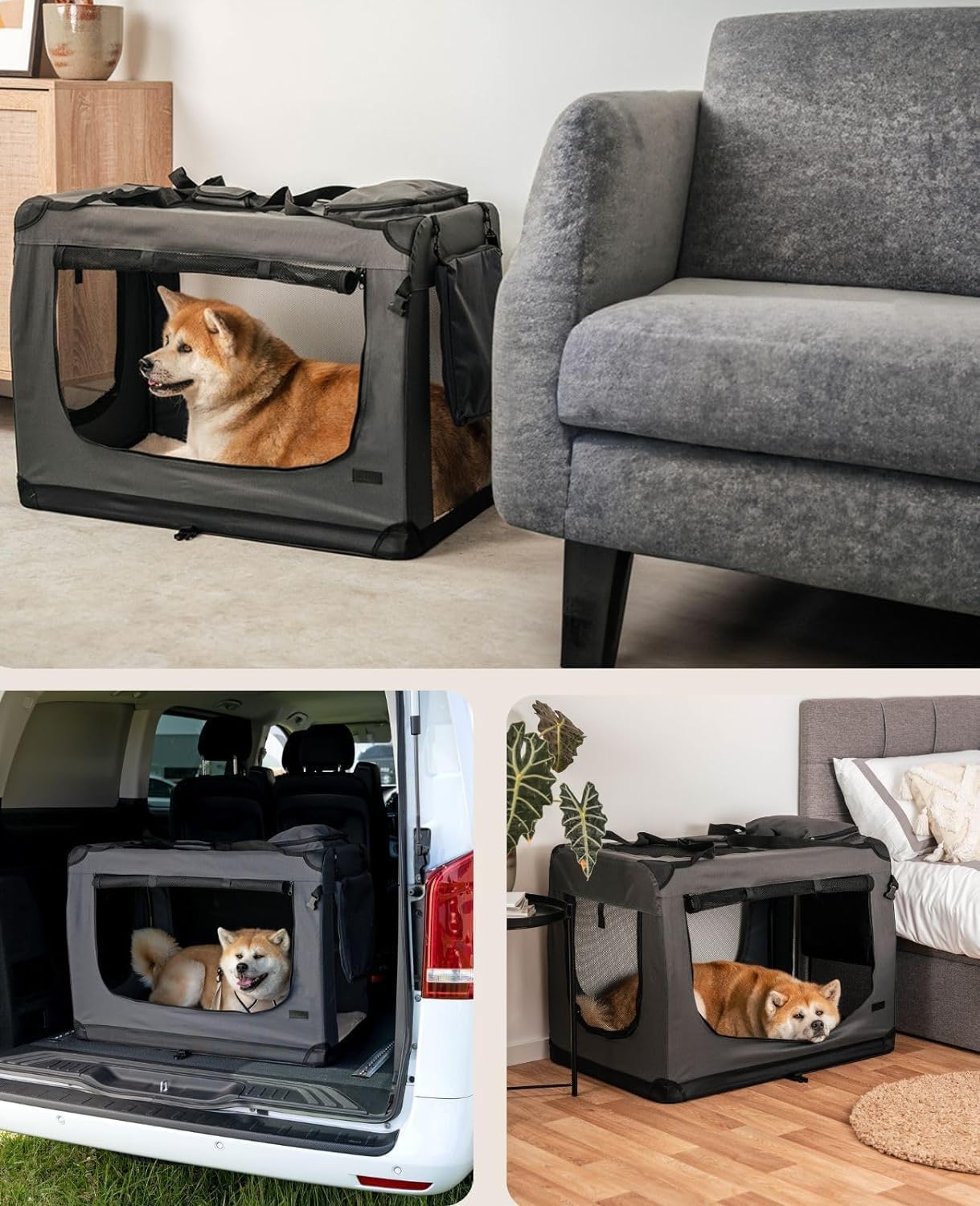 lionto Dog transport box foldable for travel & car, 50x34x36 cm, sturdy transport box with carrying handles & blanket for cats & dogs up to 10 kg, sturdy fabric dog box for small & large, beige - Comfort Style