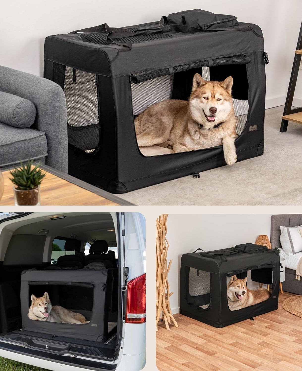 lionto Dog transport box foldable for travel & car, 50x34x36 cm, sturdy transport box with carrying handles & blanket for cats & dogs up to 10 kg, sturdy fabric dog box for small & large, beige - Comfort Style