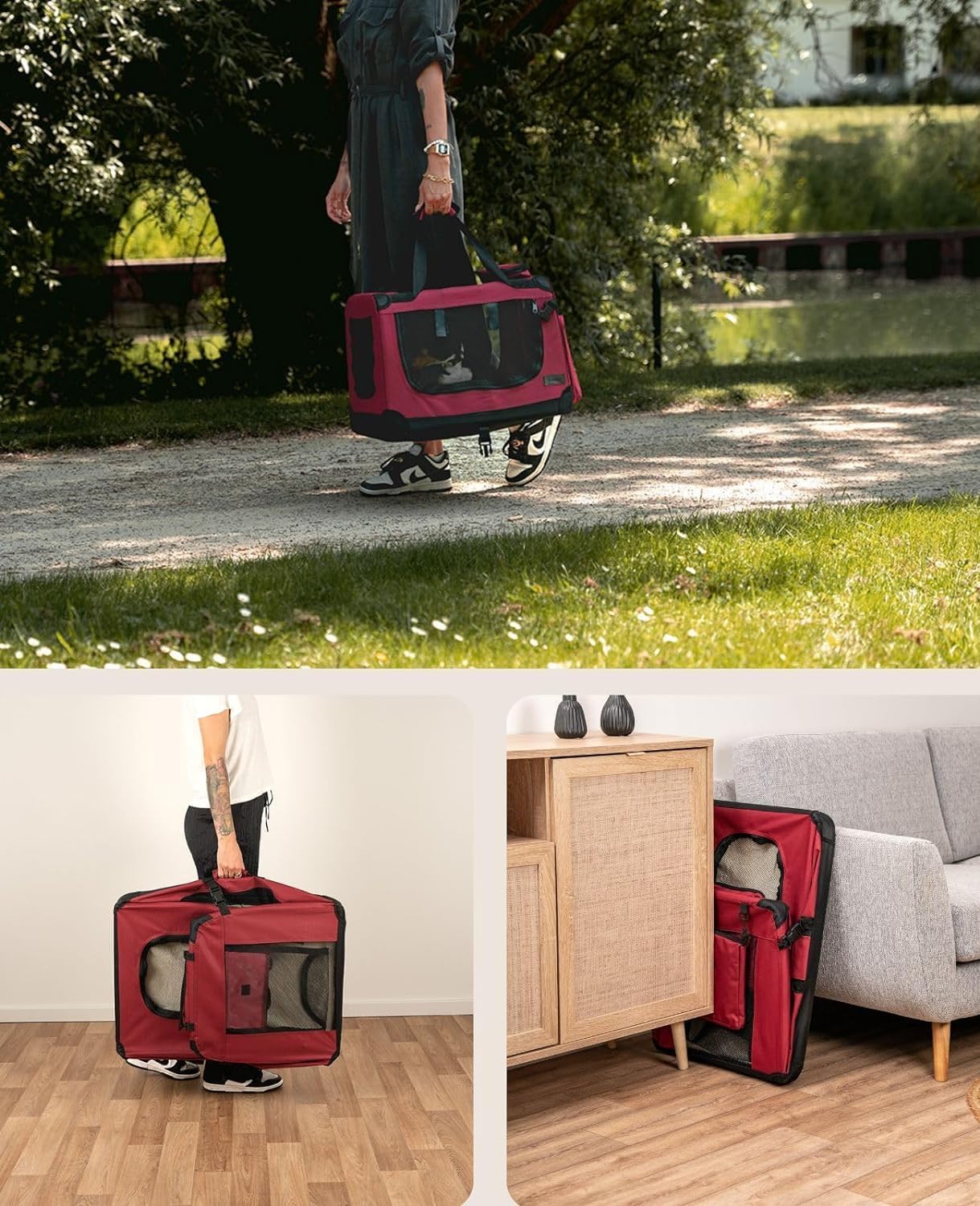 lionto Dog transport box foldable for travel & car, 50x34x36 cm, sturdy transport box with carrying handles & blanket for cats & dogs up to 10 kg, sturdy fabric dog box for small & large, beige - Comfort Style