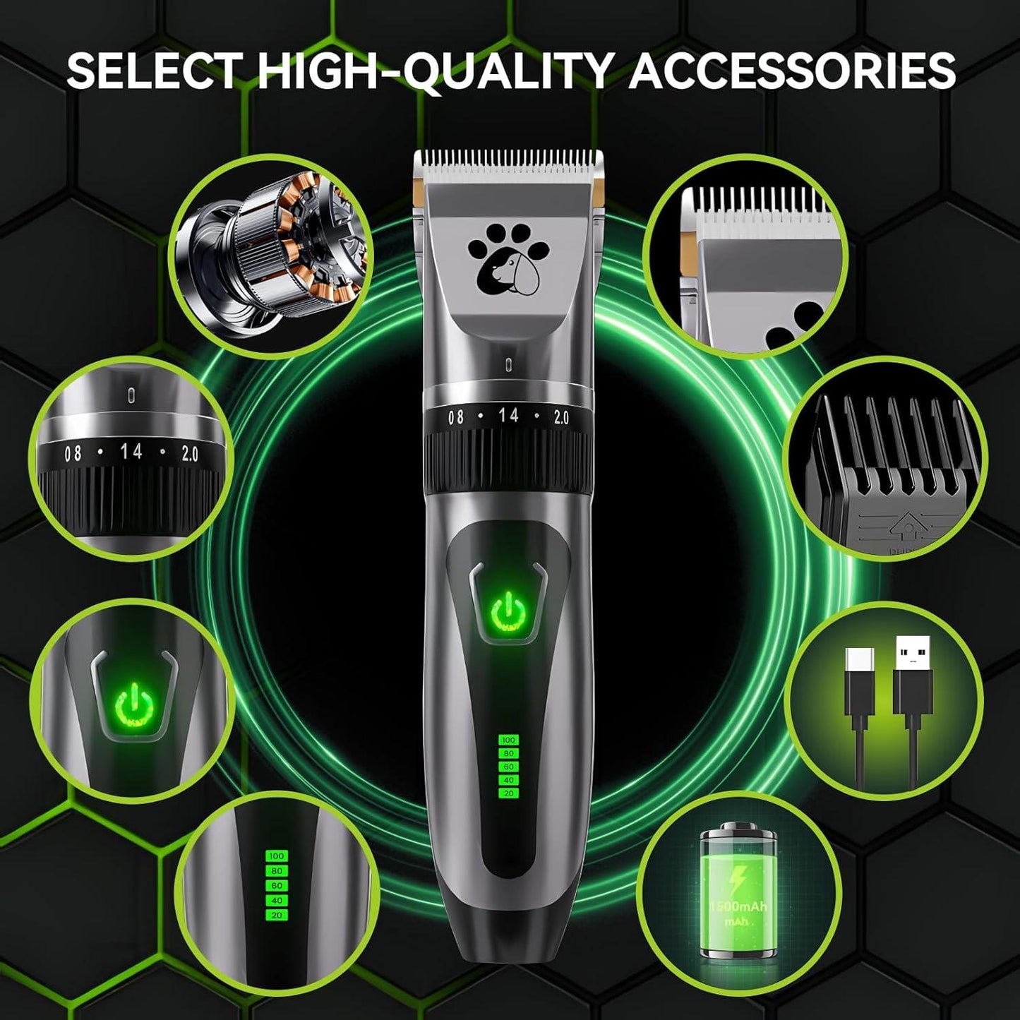 Dog Clippers Cordless, Professional Dog Trimmer, 2-Speed Low Noise Dog Grooming Kit, Pet Trimmer for Small Large Thick Hair Dogs - Comfort Style