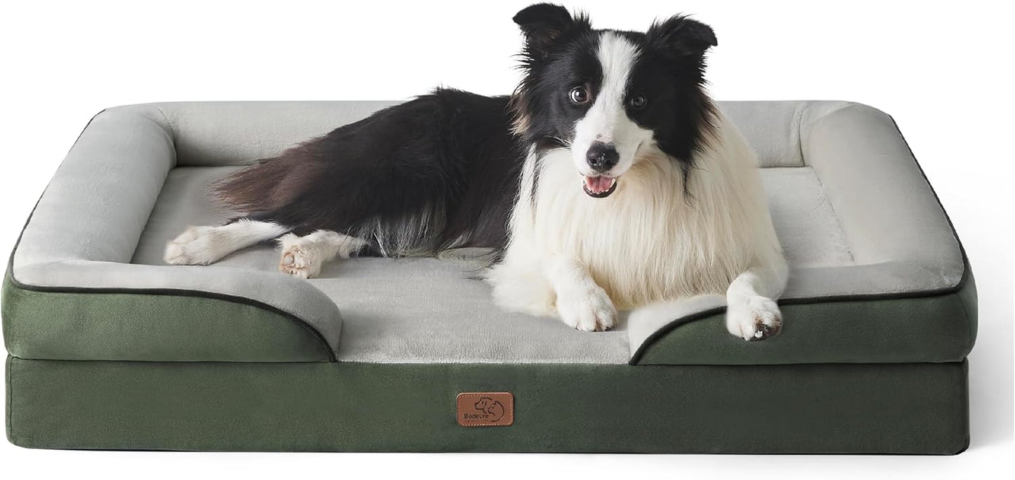 Bedsure Large Dog Bed Sofa - Washable Orthopedic Dog Beds and Couch with Removable Flannel Cover, Waterproof Dog Pillow with U-Shape Bolster, Grey Squre Pet Bed, 89x63x16cm - Comfort Style