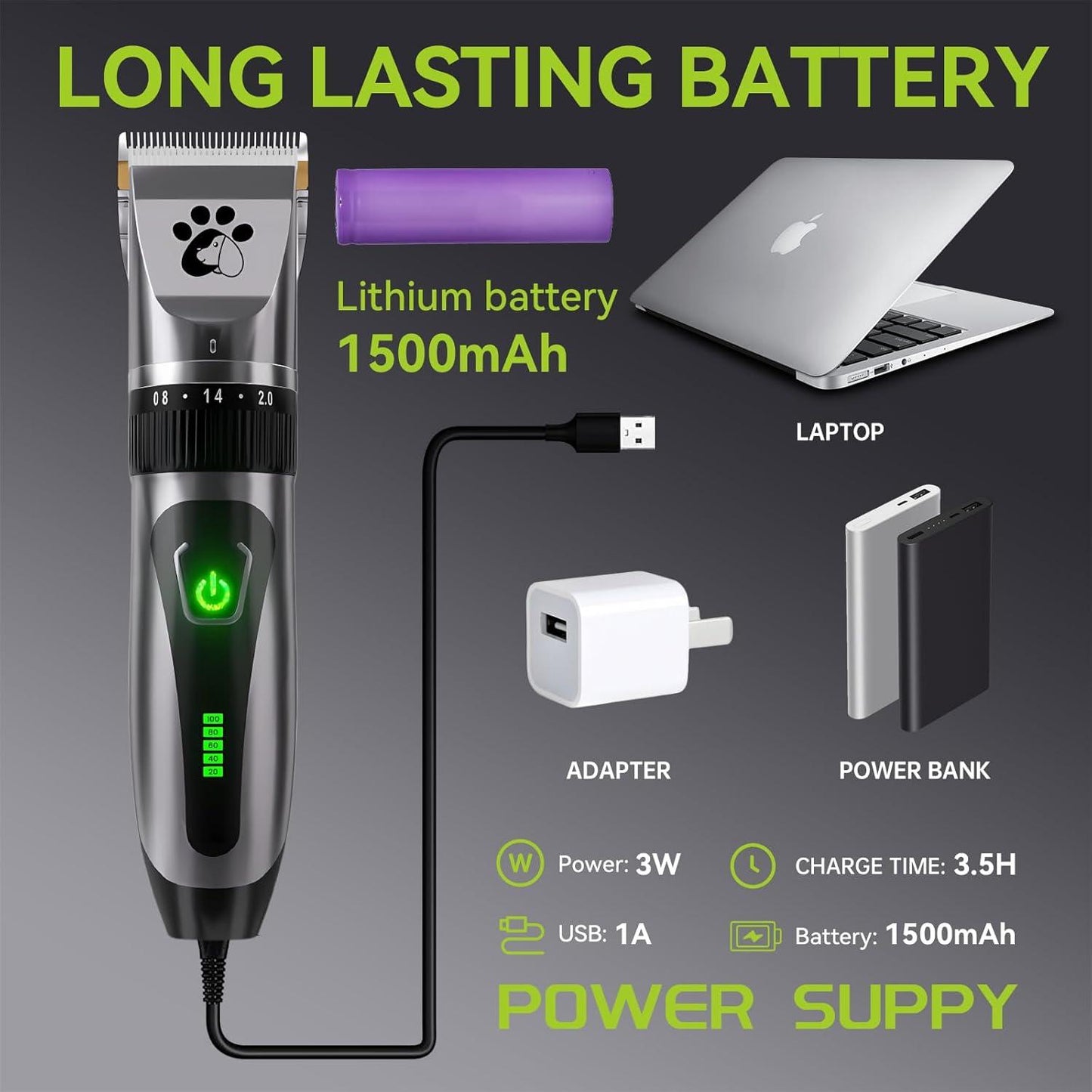 Dog Clippers Cordless, Professional Dog Trimmer, 2-Speed Low Noise Dog Grooming Kit, Pet Trimmer for Small Large Thick Hair Dogs - Comfort Style