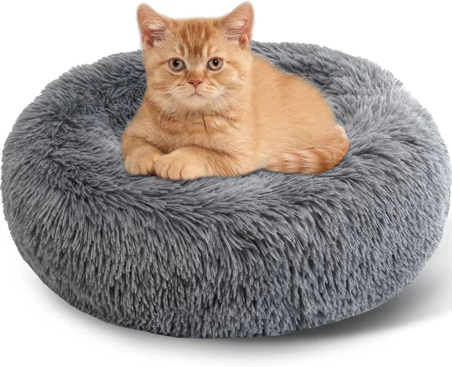 Enjamoy Plush Donut Dog Bed, Calming Round Dog Cat Bed Soft and Fluffy Cuddler Pet Cushion Self-Warming Puppy Beds Machine Washable, Grey 50cm - Comfort Style