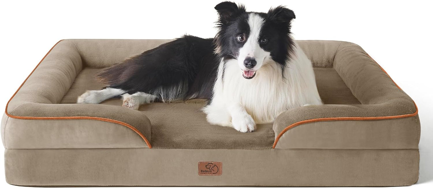 Bedsure Large Dog Bed Sofa - Washable Orthopedic Dog Beds and Couch with Removable Flannel Cover, Waterproof Dog Pillow with U-Shape Bolster, Grey Squre Pet Bed, 89x63x16cm - Comfort Style