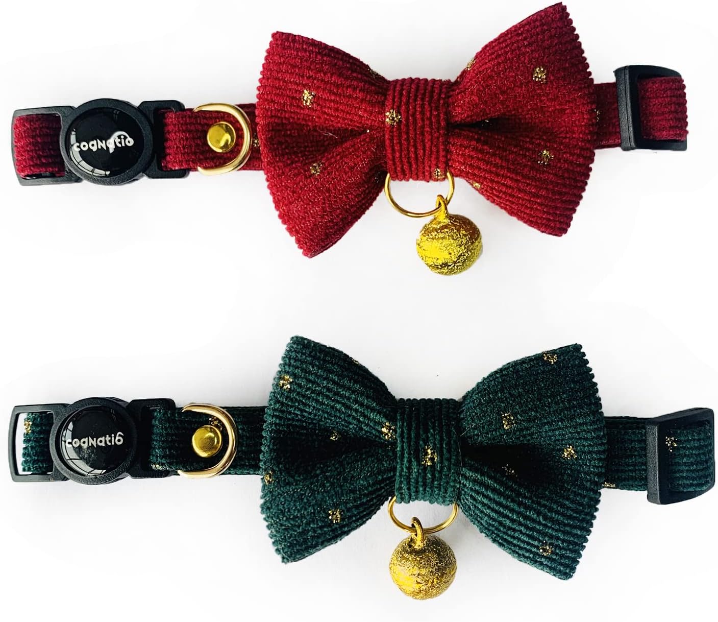 Cognatio Safety Quick Release Cat Collars, Soft Kitten Collars with Detachable Bow Tie and Bell, Pack of 2, Adjustable 20-30 cm (20-30 cm, Green+Pink) - Comfort Style