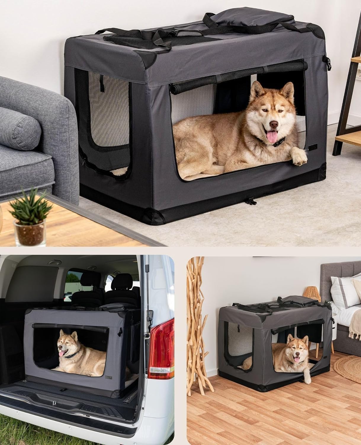 lionto Dog transport box foldable for travel & car, 50x34x36 cm, sturdy transport box with carrying handles & blanket for cats & dogs up to 10 kg, sturdy fabric dog box for small & large, beige - Comfort Style