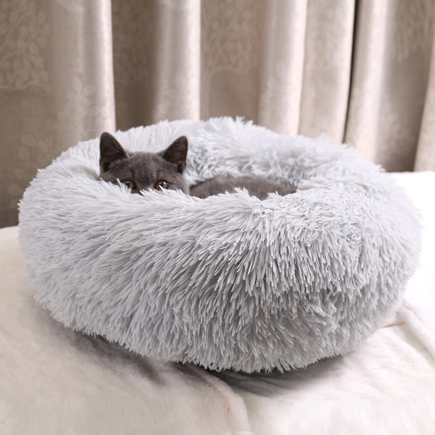 Enjamoy Plush Donut Dog Bed, Calming Round Dog Cat Bed Soft and Fluffy Cuddler Pet Cushion Self-Warming Puppy Beds Machine Washable, Grey 50cm - Comfort Style