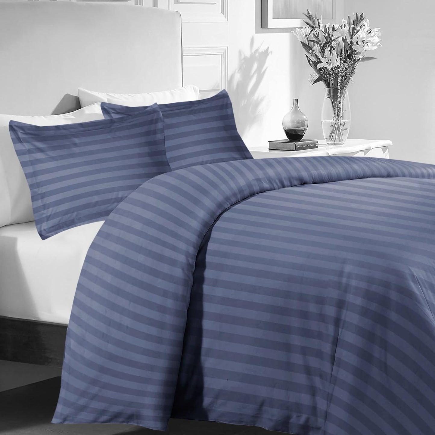 MOONLIGHT20015 Duvet Set Reversible Stripes Satin Double Bedding Set with 2 Pillowcases Soft Hypoallergenic Duvet Cover - Comfort Style