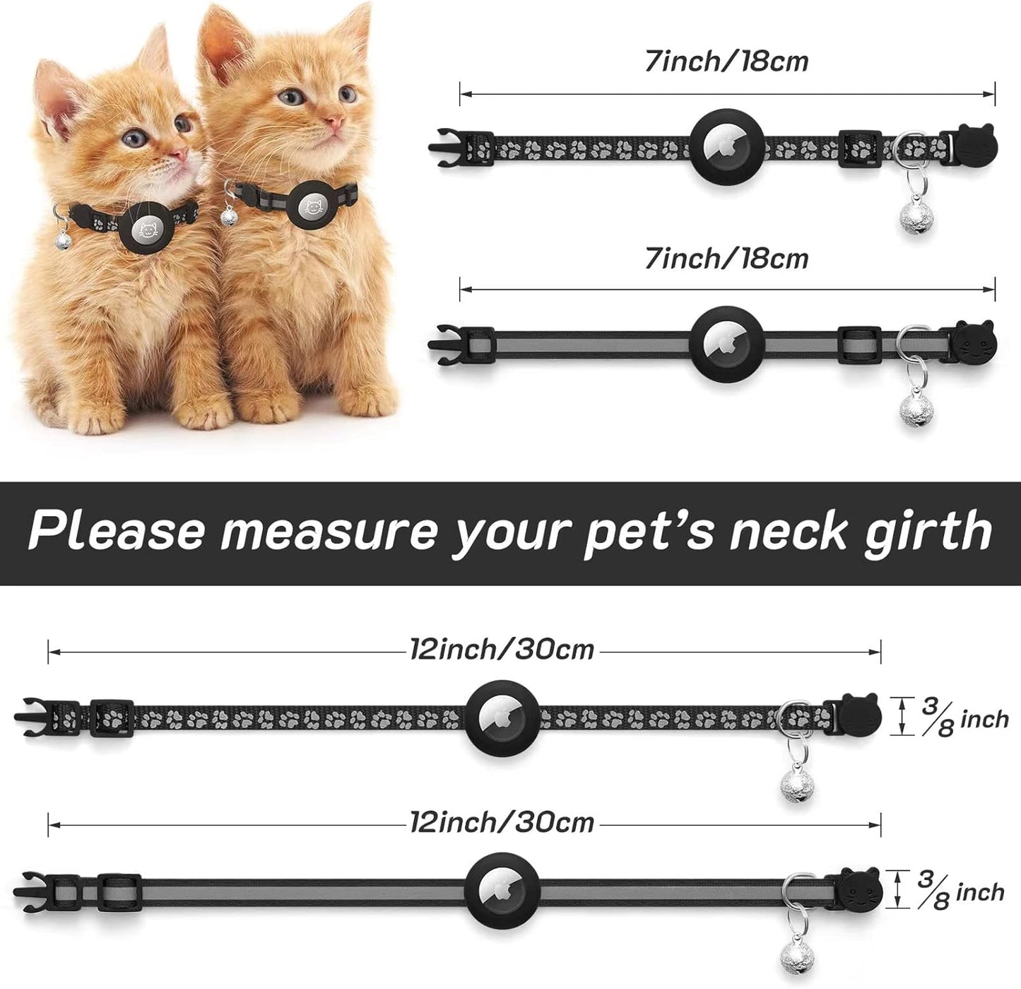 2 Pack Airtag Cat Collar Breakaway with Bell,Reflective Kitten Collar with Apple Airtag Cat Collar Holder,Adjustable 7-12In,Safety Buckle for Girl Boy Cats,Pet Supplies,Accessories,Gifts (Black) - Comfort Style