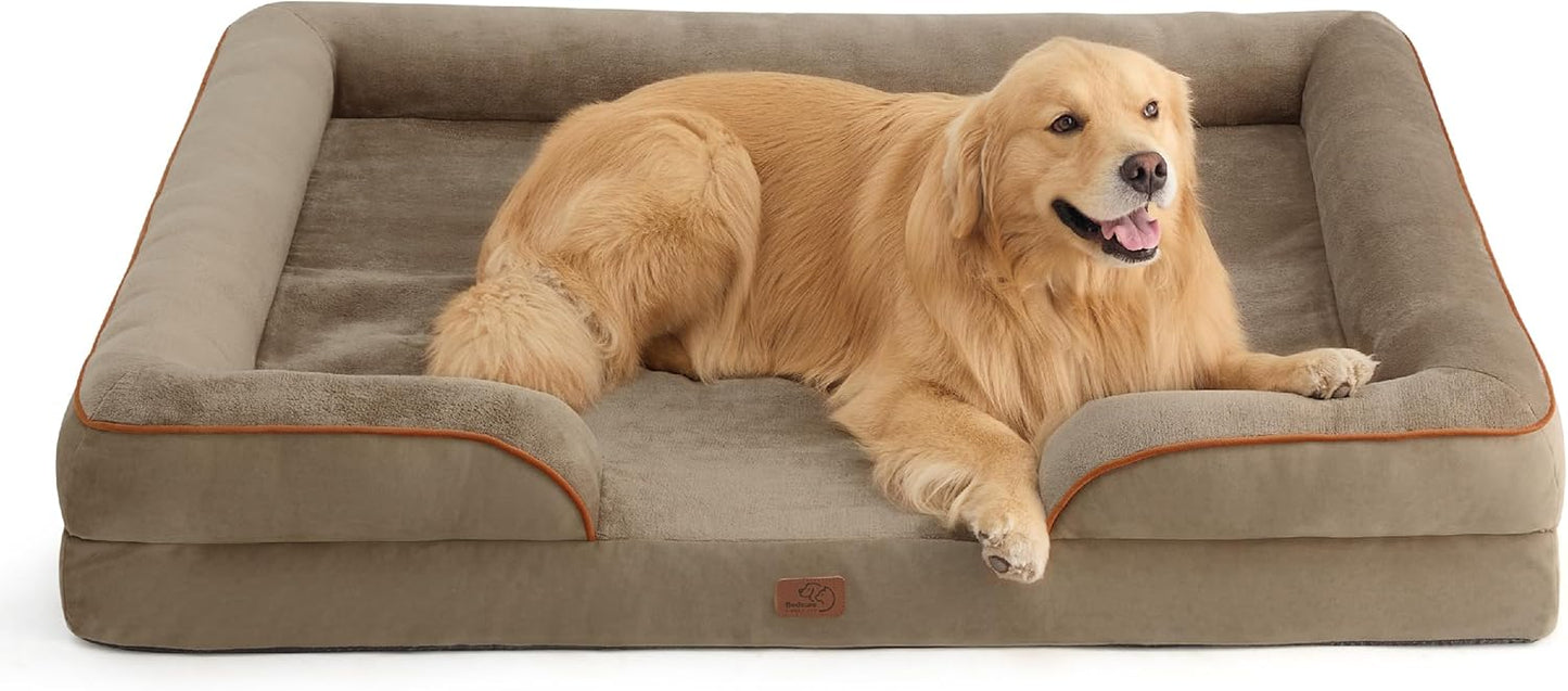 Bedsure Large Dog Bed Sofa - Washable Orthopedic Dog Beds and Couch with Removable Flannel Cover, Waterproof Dog Pillow with U-Shape Bolster, Grey Squre Pet Bed, 89x63x16cm - Comfort Style