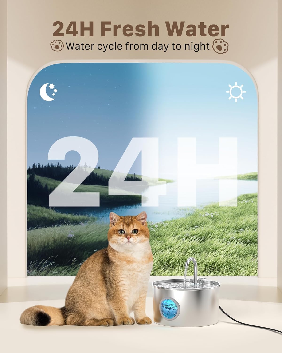 Cat Water Fountain for Drinking: Stainless Steel Cat Fountain - 2.2L Water Fountain Cat Bowl - Pet Water Fountain - Cat Drinking Fountain - Visible Water Level Cat Water Dispensers - GIOTOHUN - Comfort Style
