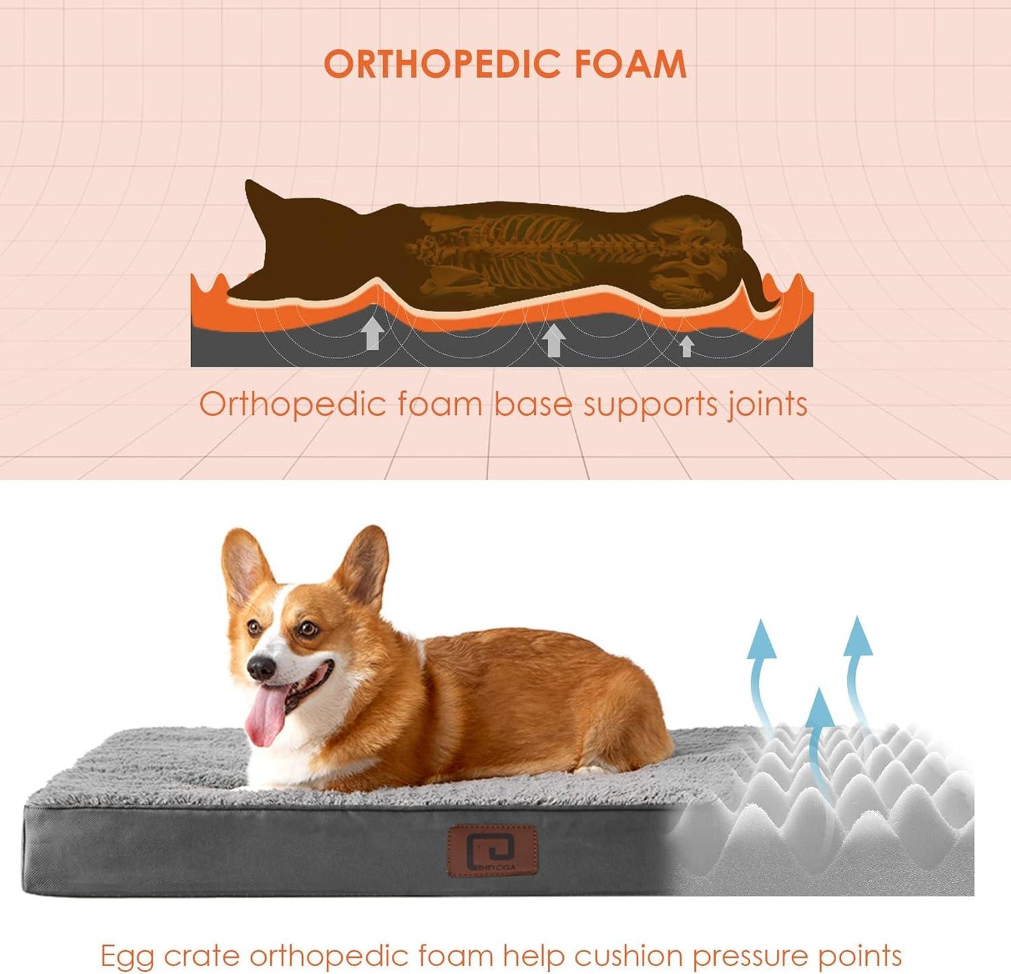 EHEYCIGA Orthopedic Dog Beds Large Mattress with Removable Washable Cover for Crate, Grey, 91x68x9cm - Comfort Style
