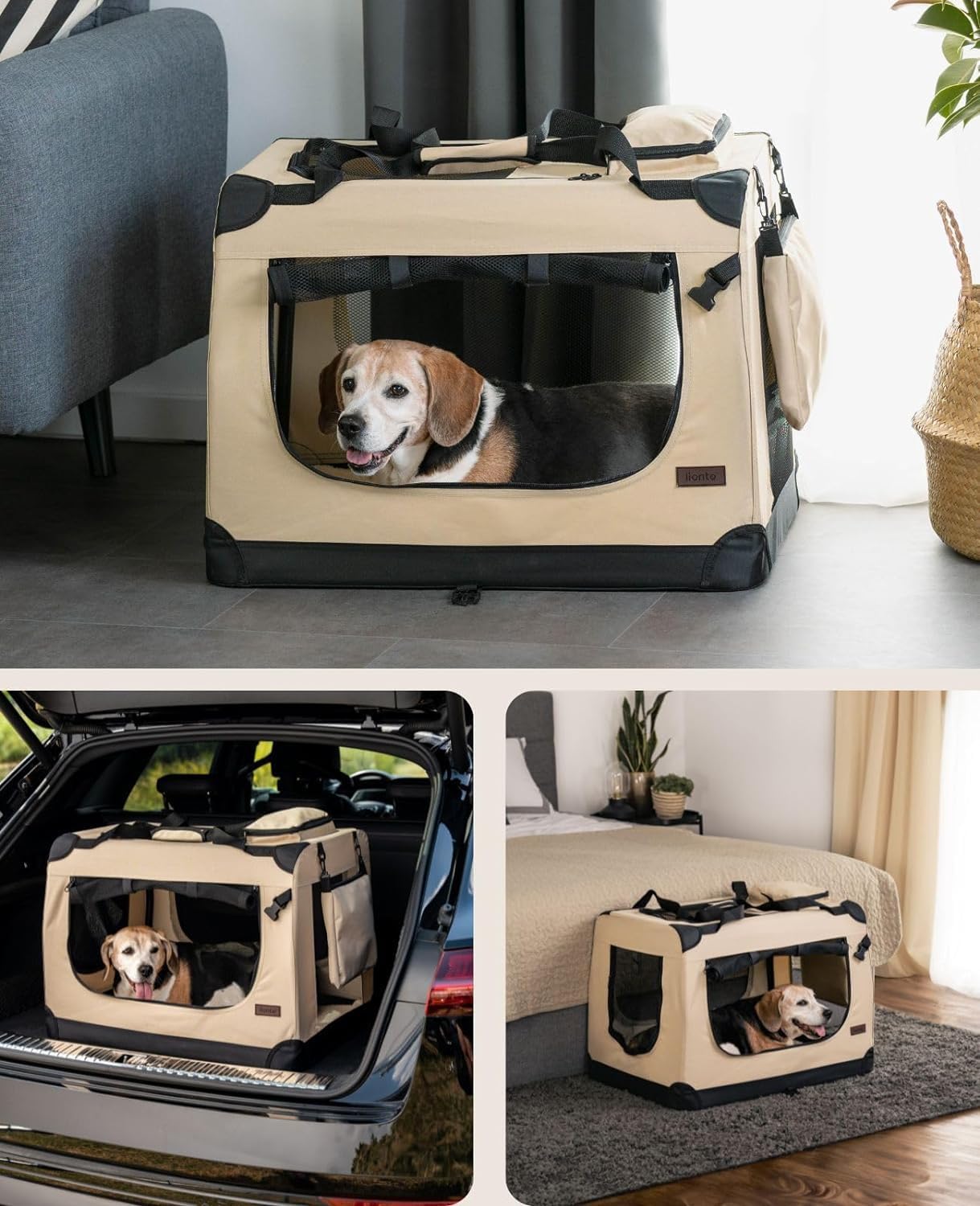 lionto Dog transport box foldable for travel & car, 50x34x36 cm, sturdy transport box with carrying handles & blanket for cats & dogs up to 10 kg, sturdy fabric dog box for small & large, beige - Comfort Style