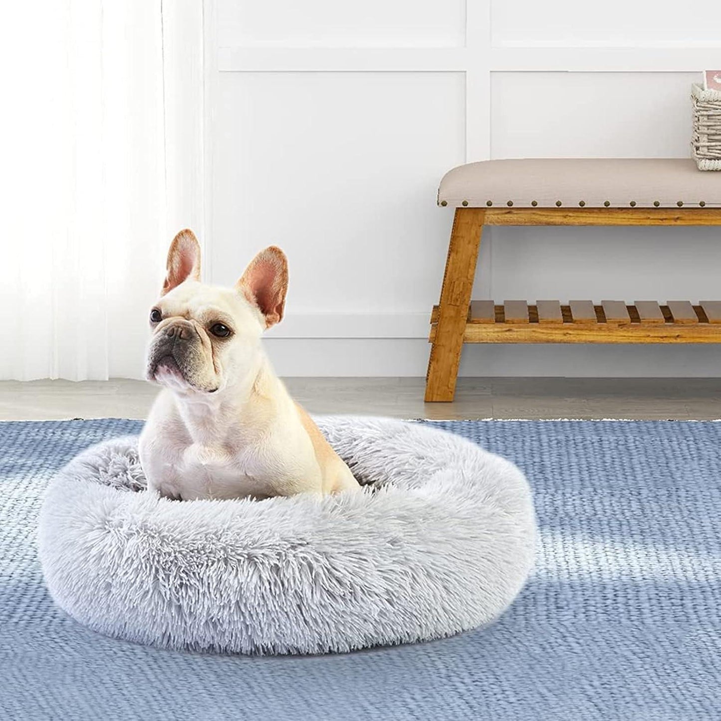 Enjamoy Plush Donut Dog Bed, Calming Round Dog Cat Bed Soft and Fluffy Cuddler Pet Cushion Self-Warming Puppy Beds Machine Washable, Grey 50cm - Comfort Style