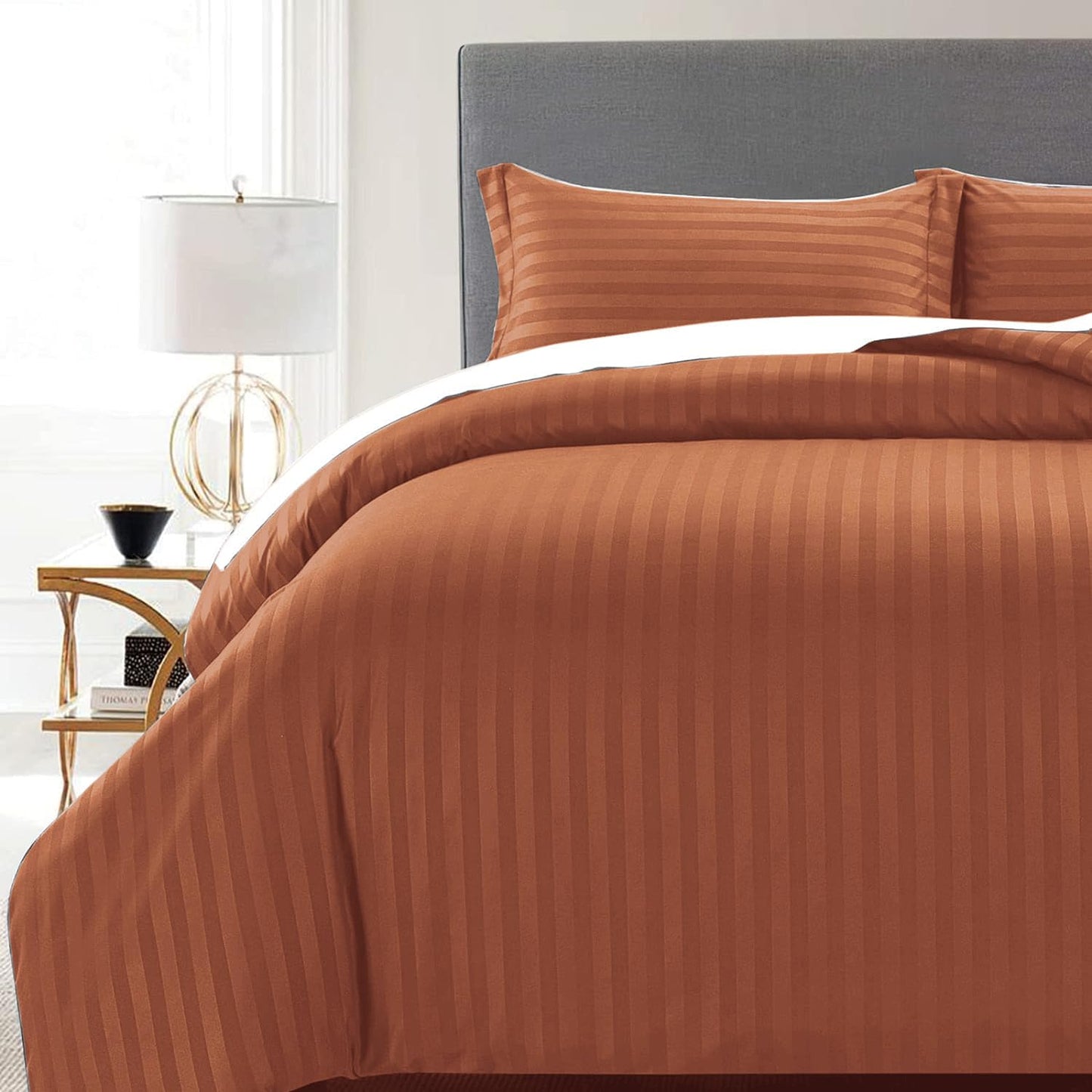 MOONLIGHT20015 Duvet Set Reversible Stripes Satin Double Bedding Set with 2 Pillowcases Soft Hypoallergenic Duvet Cover - Comfort Style