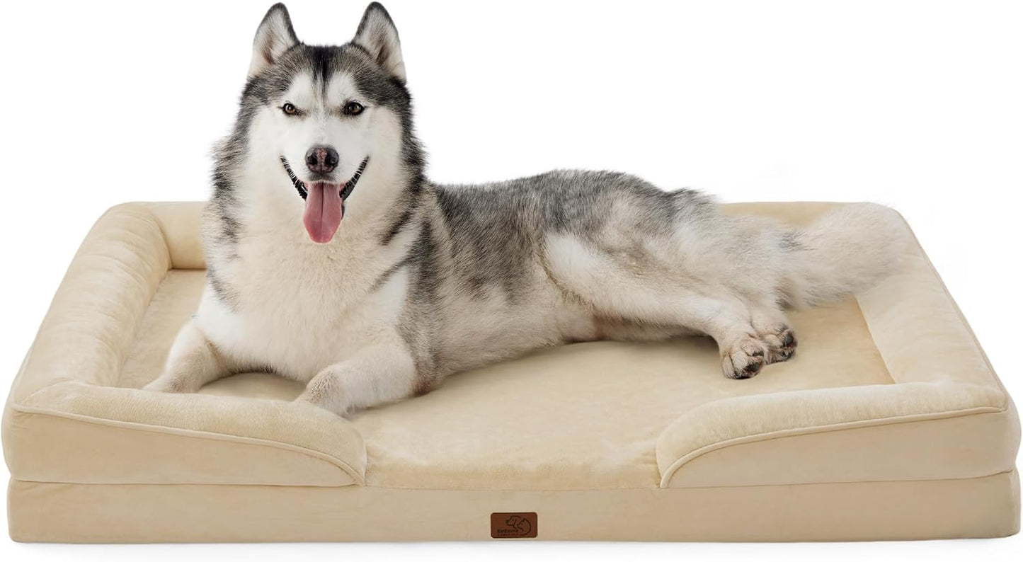 Bedsure Large Dog Bed Sofa - Washable Orthopedic Dog Beds and Couch with Removable Flannel Cover, Waterproof Dog Pillow with U-Shape Bolster, Grey Squre Pet Bed, 89x63x16cm - Comfort Style