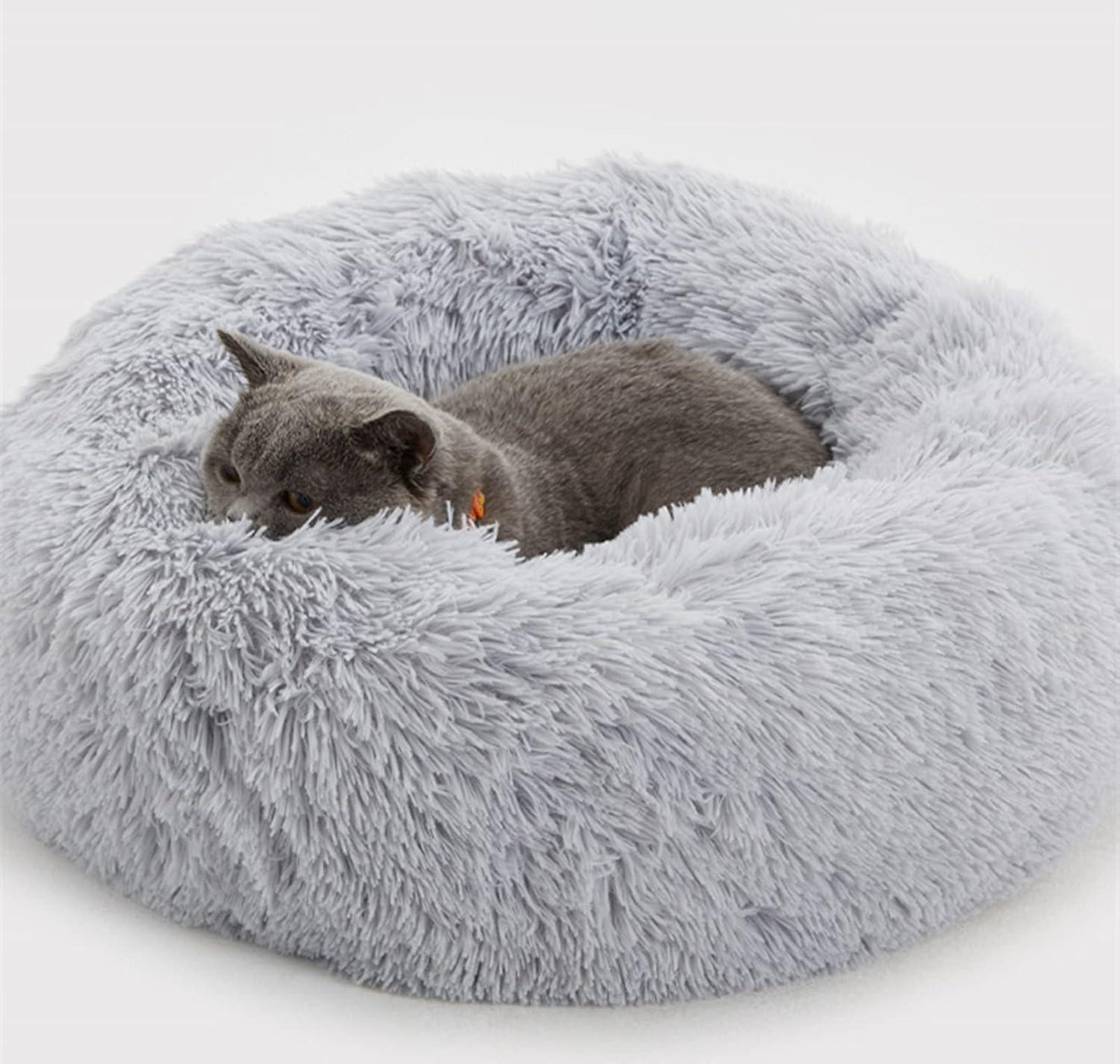 Enjamoy Plush Donut Dog Bed, Calming Round Dog Cat Bed Soft and Fluffy Cuddler Pet Cushion Self-Warming Puppy Beds Machine Washable, Grey 50cm - Comfort Style