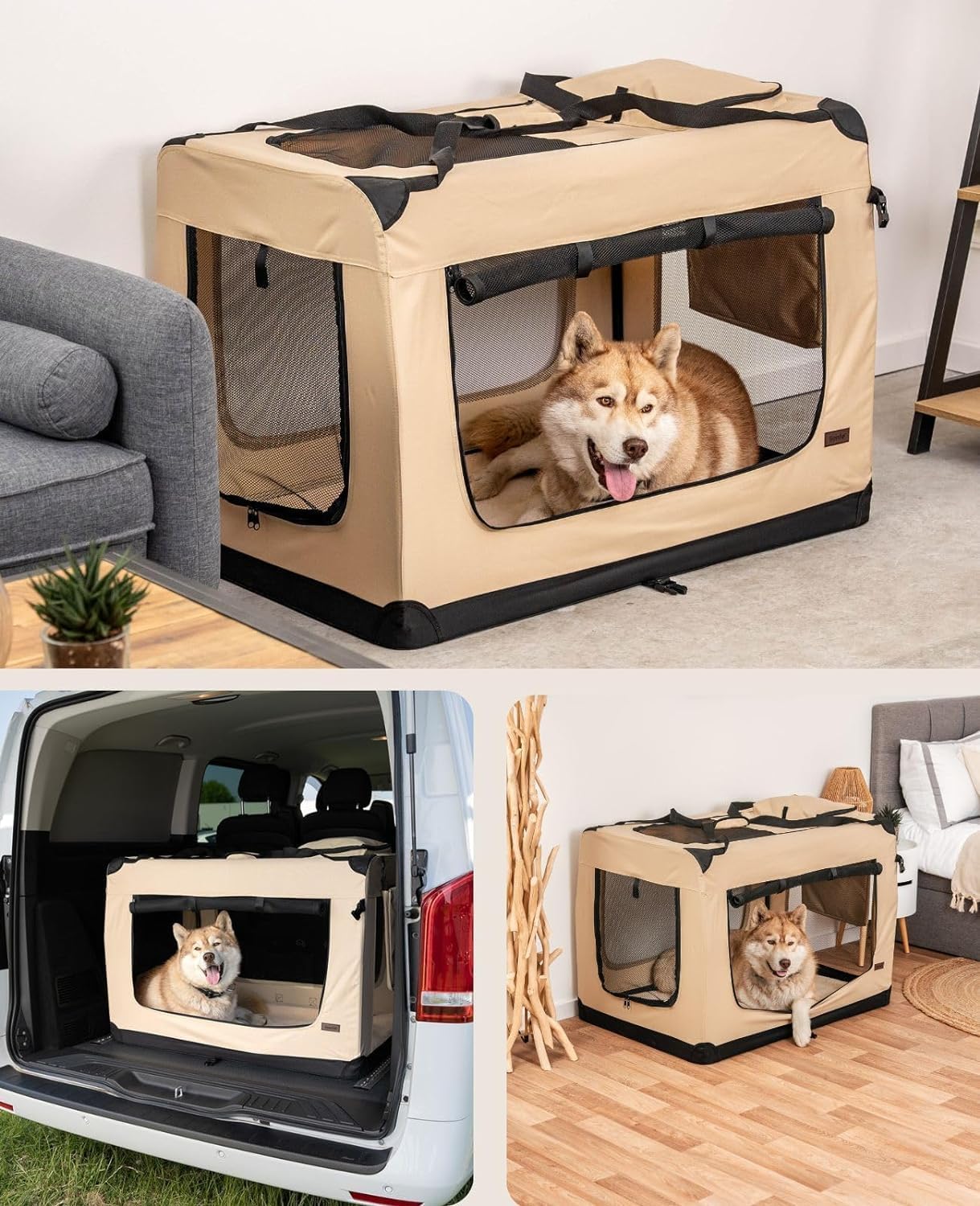 lionto Dog transport box foldable for travel & car, 50x34x36 cm, sturdy transport box with carrying handles & blanket for cats & dogs up to 10 kg, sturdy fabric dog box for small & large, beige - Comfort Style