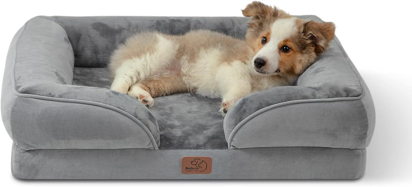 Bedsure Large Dog Bed Sofa - Washable Orthopedic Dog Beds and Couch with Removable Flannel Cover, Waterproof Dog Pillow with U-Shape Bolster, Grey Squre Pet Bed, 89x63x16cm - Comfort Style