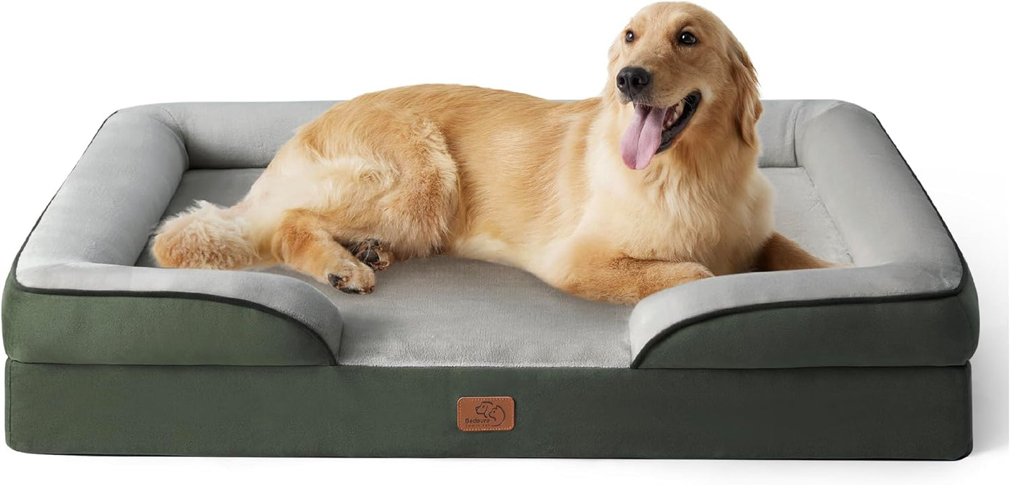 Bedsure Large Dog Bed Sofa - Washable Orthopedic Dog Beds and Couch with Removable Flannel Cover, Waterproof Dog Pillow with U-Shape Bolster, Grey Squre Pet Bed, 89x63x16cm - Comfort Style