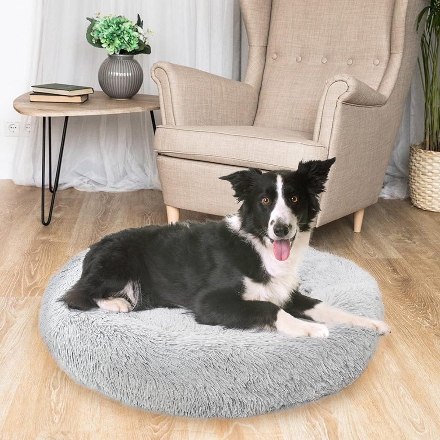 Enjamoy Plush Donut Dog Bed, Calming Round Dog Cat Bed Soft and Fluffy Cuddler Pet Cushion Self-Warming Puppy Beds Machine Washable, Grey 50cm - Comfort Style