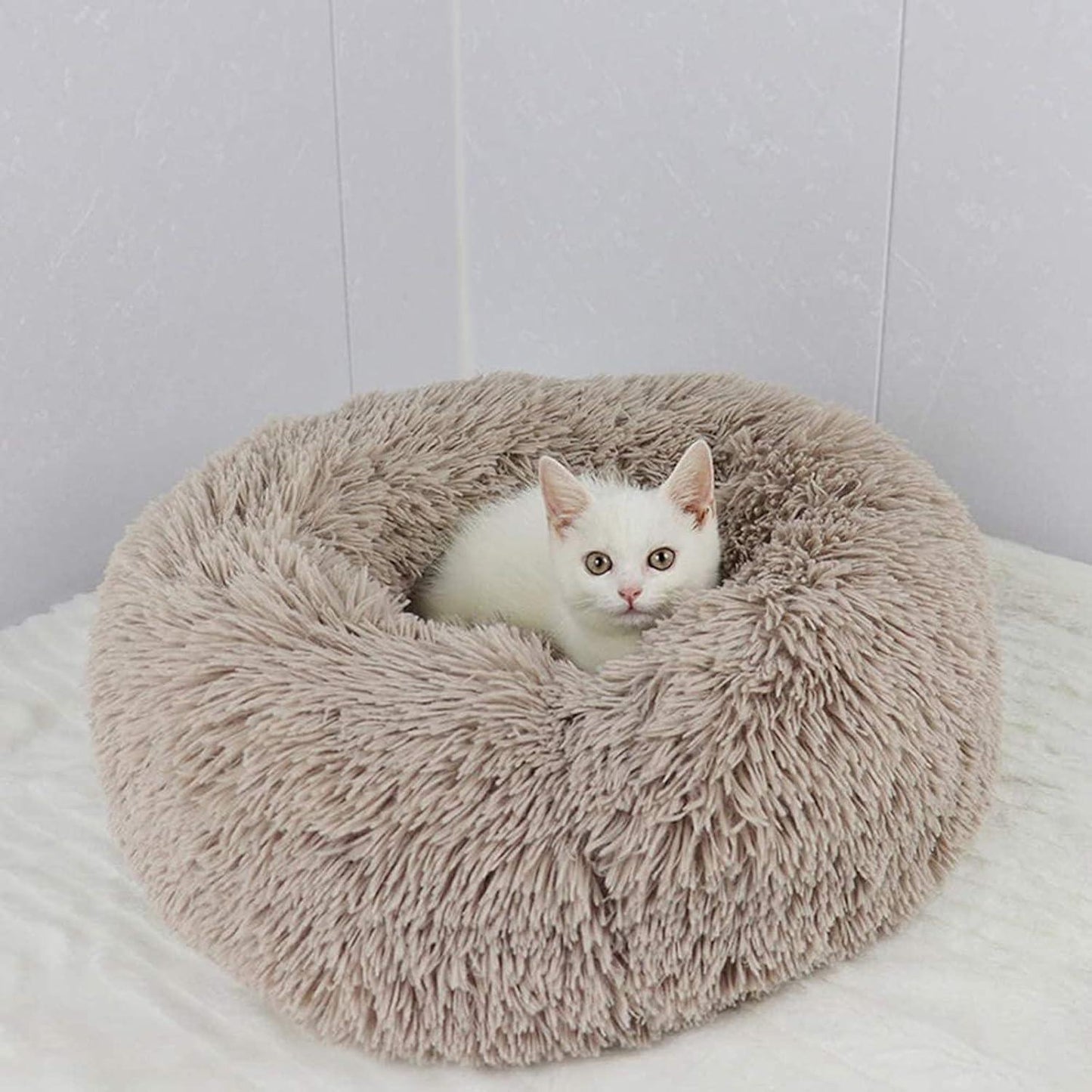 Enjamoy Plush Donut Dog Bed, Calming Round Dog Cat Bed Soft and Fluffy Cuddler Pet Cushion Self-Warming Puppy Beds Machine Washable, Grey 50cm - Comfort Style