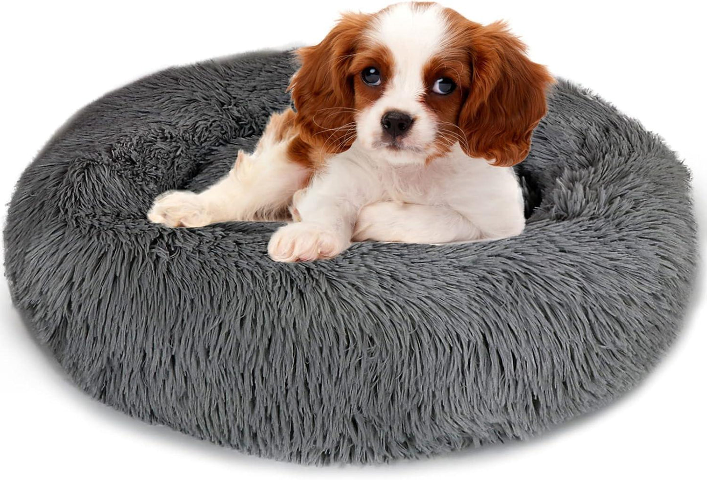 Enjamoy Plush Donut Dog Bed, Calming Round Dog Cat Bed Soft and Fluffy Cuddler Pet Cushion Self-Warming Puppy Beds Machine Washable, Grey 50cm - Comfort Style
