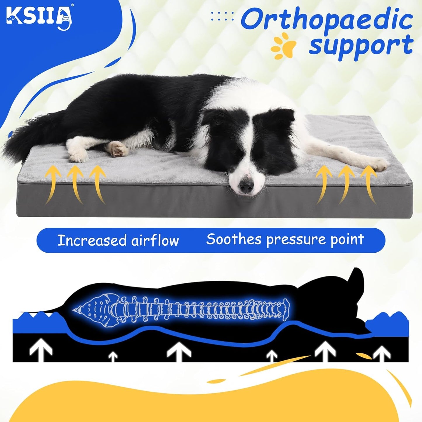 KSIIA Dog Beds Large Washable, Orthopedic Dog Crate Beds with Waterproof Removable Cover, Flat Dog Mattress Non skid Bottom, Pet Beds for Dogs, Grey, 88x55x7cm - Comfort Style