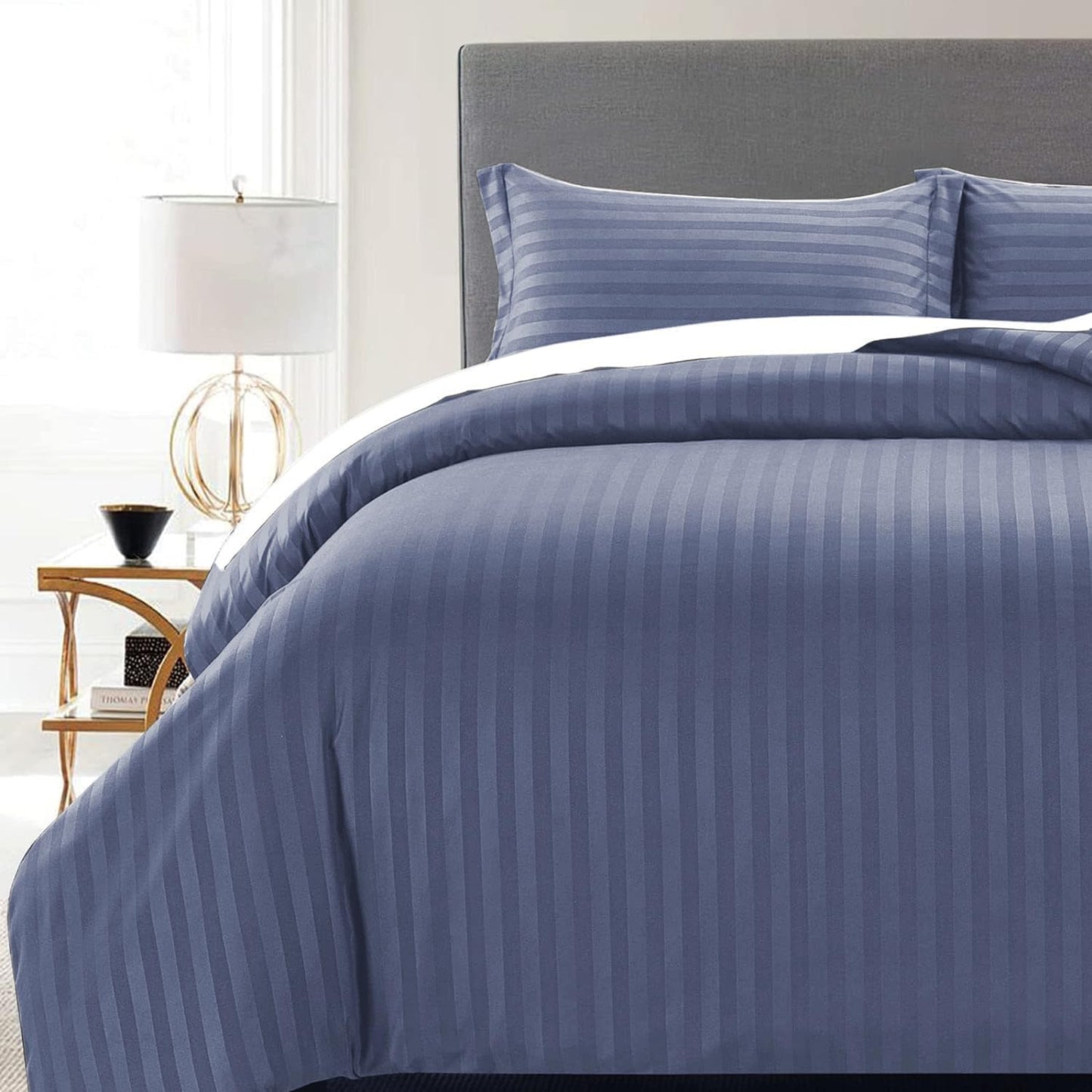 MOONLIGHT20015 Duvet Set Reversible Stripes Satin Double Bedding Set with 2 Pillowcases Soft Hypoallergenic Duvet Cover - Comfort Style