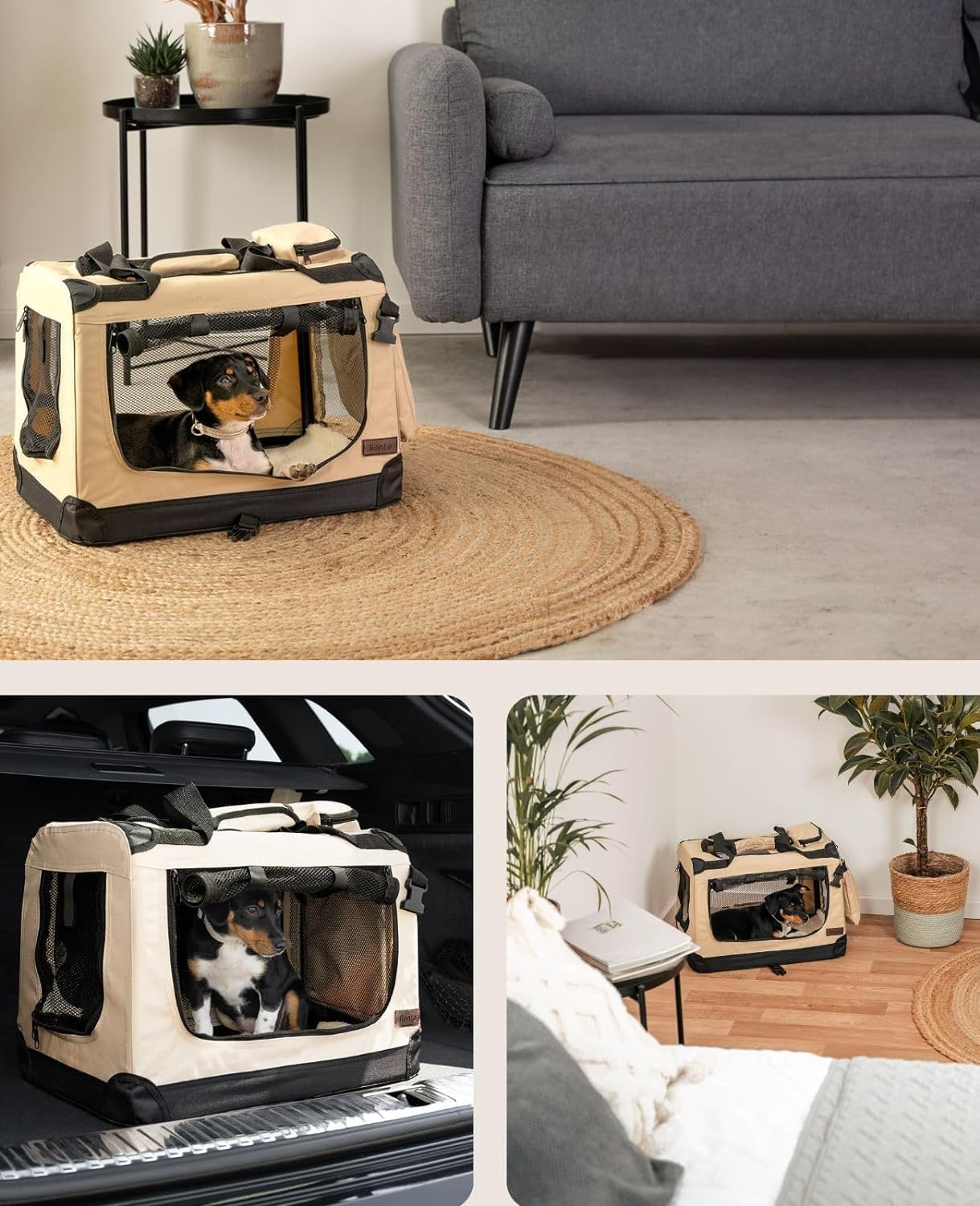 lionto Dog transport box foldable for travel & car, 50x34x36 cm, sturdy transport box with carrying handles & blanket for cats & dogs up to 10 kg, sturdy fabric dog box for small & large, beige - Comfort Style