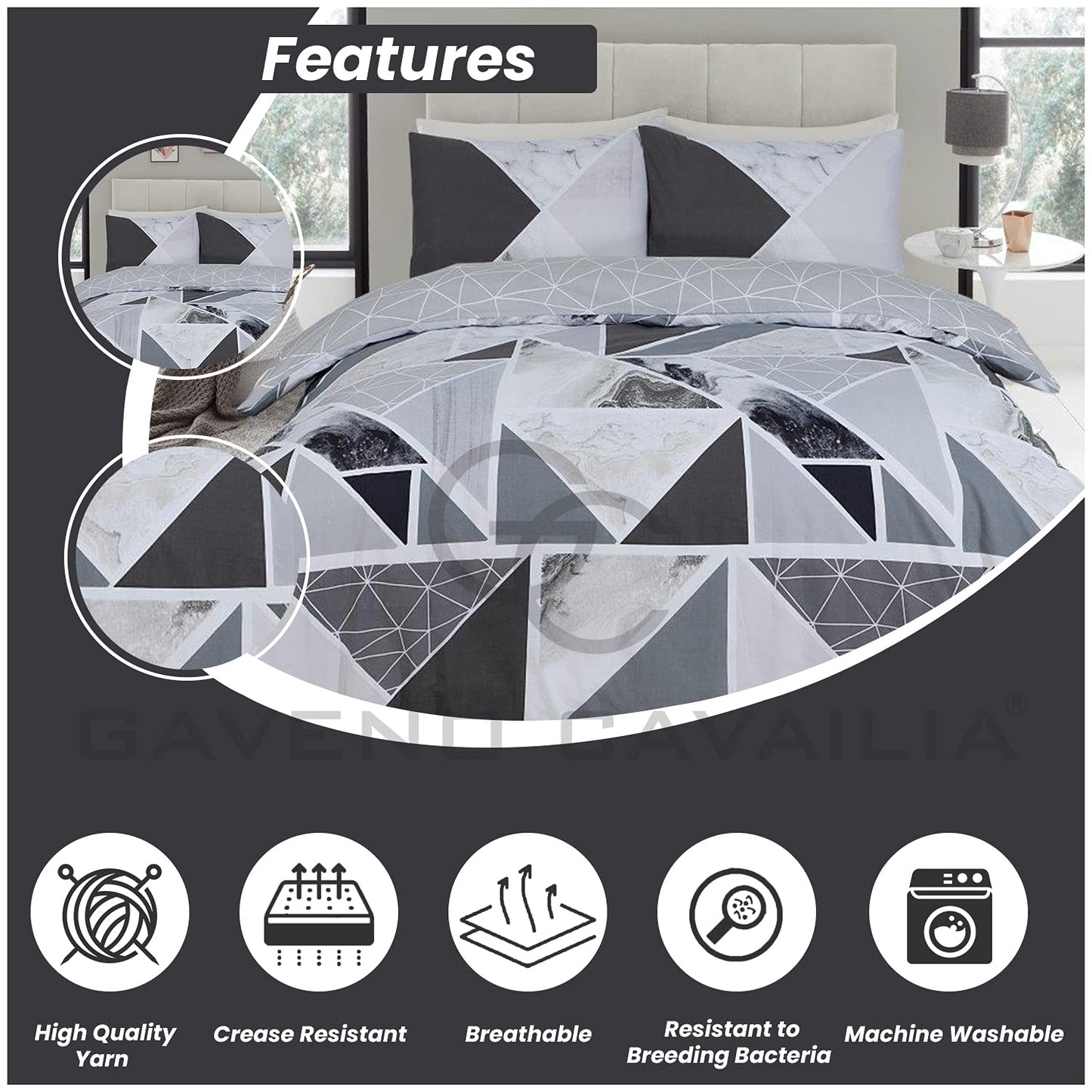 GC GAVENO CAVAILIA Metalic Marble Duvet Cover Sets, Reversible Triangle Bedding Double Bed Set, Washable Quilt Covers - Comfort Style