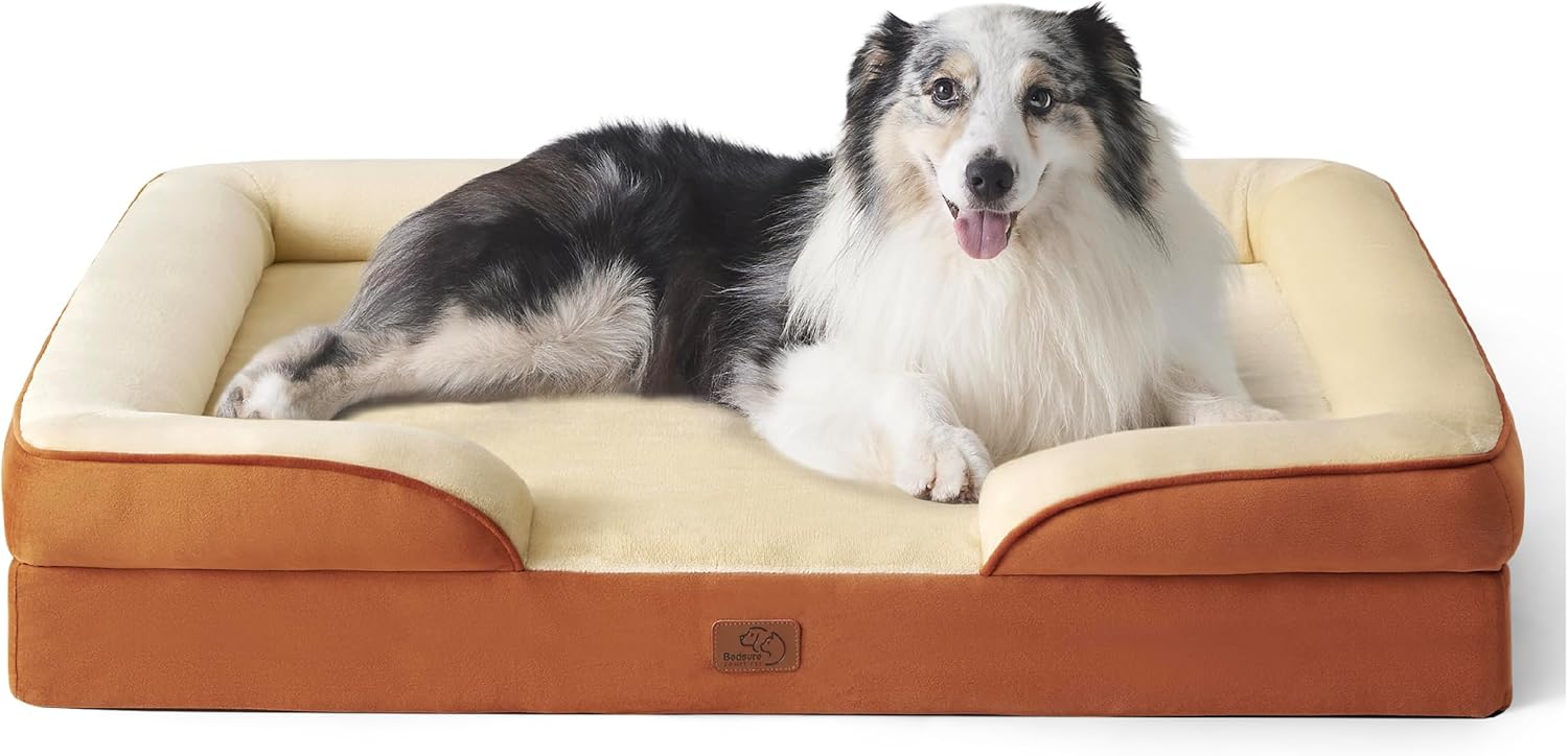 Bedsure Large Dog Bed Sofa - Washable Orthopedic Dog Beds and Couch with Removable Flannel Cover, Waterproof Dog Pillow with U-Shape Bolster, Grey Squre Pet Bed, 89x63x16cm - Comfort Style