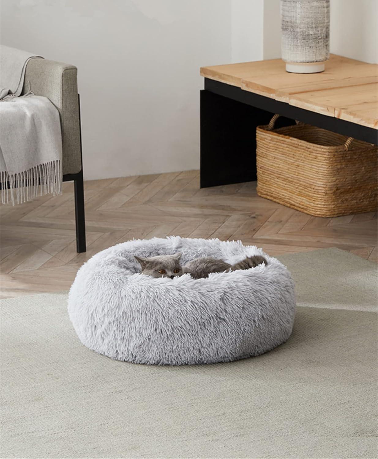 Enjamoy Plush Donut Dog Bed, Calming Round Dog Cat Bed Soft and Fluffy Cuddler Pet Cushion Self-Warming Puppy Beds Machine Washable, Grey 50cm - Comfort Style