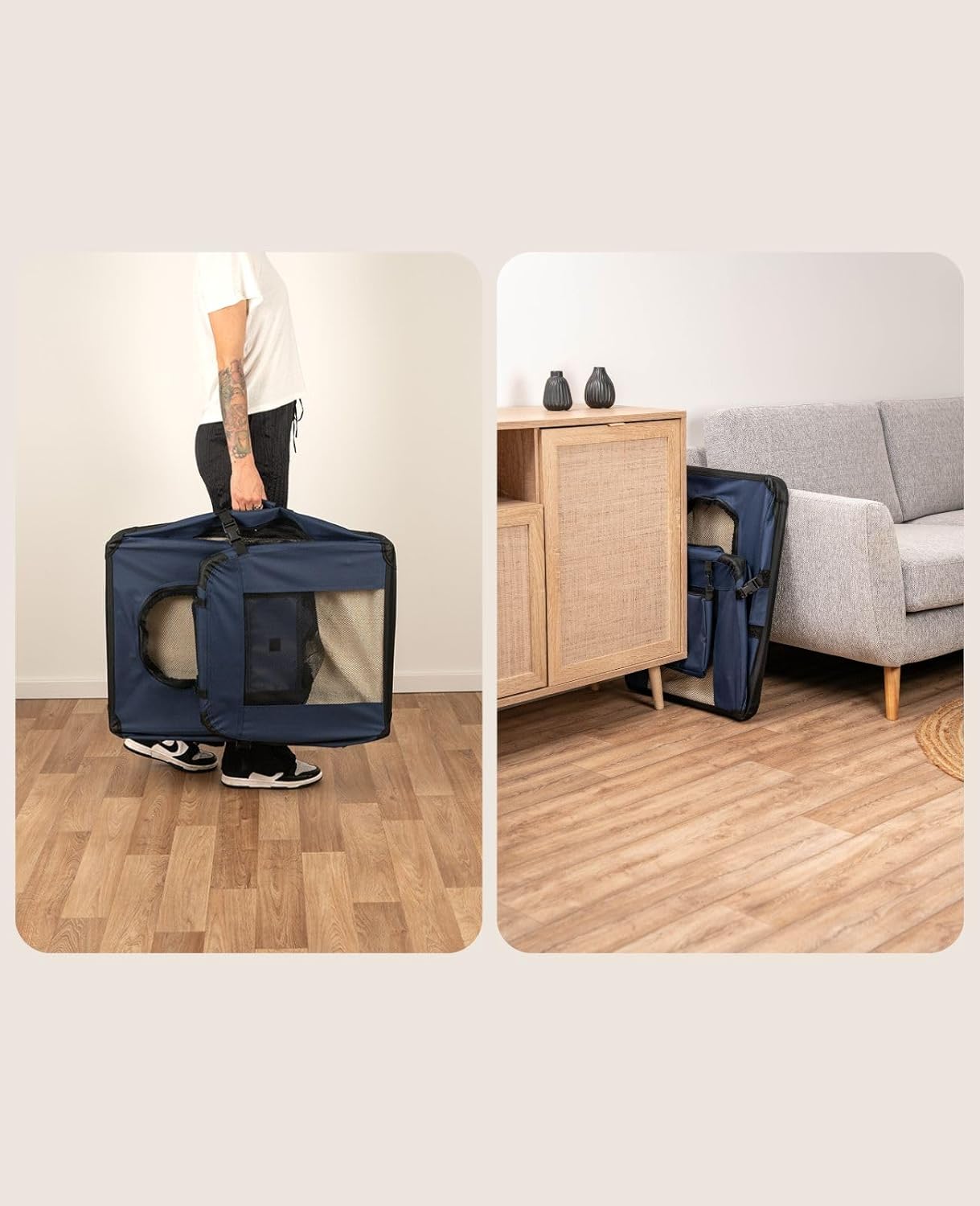 lionto Dog transport box foldable for travel & car, 50x34x36 cm, sturdy transport box with carrying handles & blanket for cats & dogs up to 10 kg, sturdy fabric dog box for small & large, beige - Comfort Style