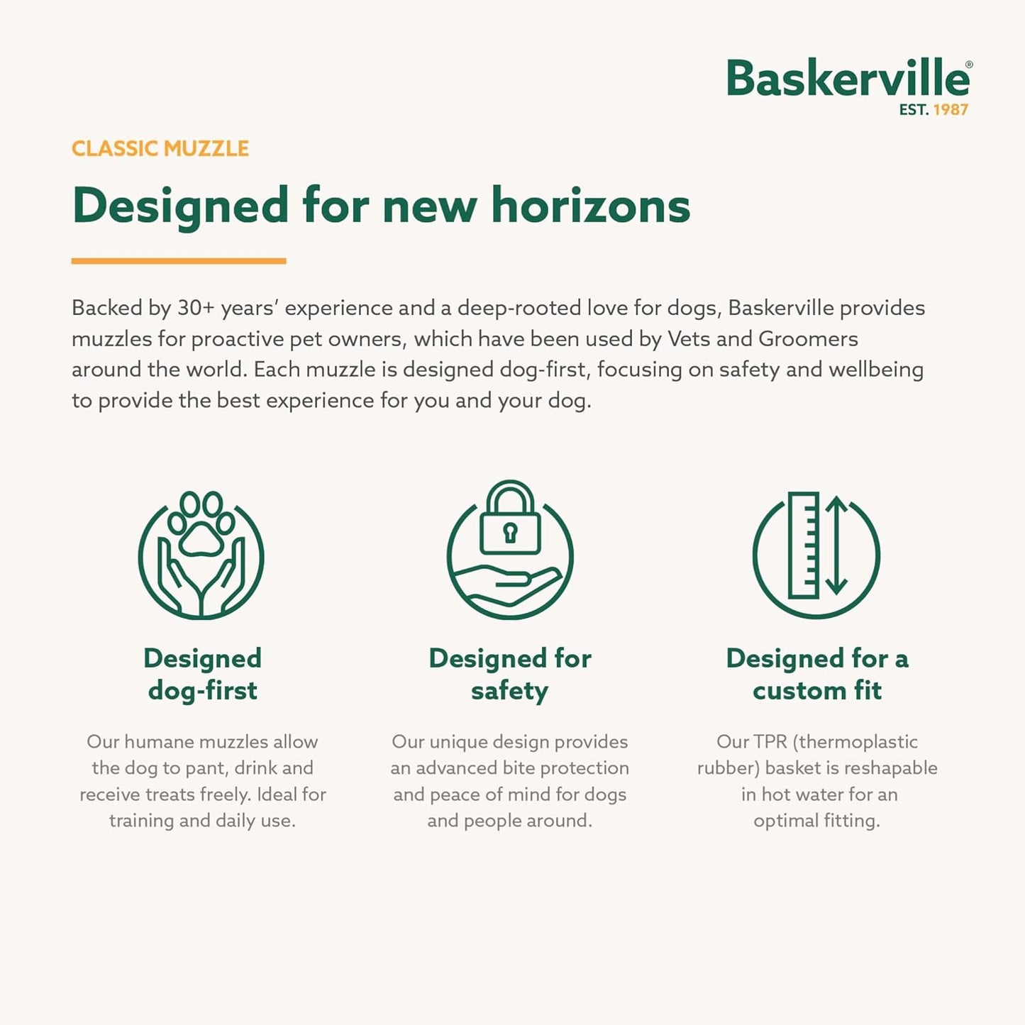 Baskerville Classic Basket Muzzle - Dog can Pant and Drink, Prevents Biting and Food Waste Scavenging, Strong TPR, Ideal for Longer Nosed Dogs, Breathable Dog Training Muzzle for Medium Dogs (Size 6)