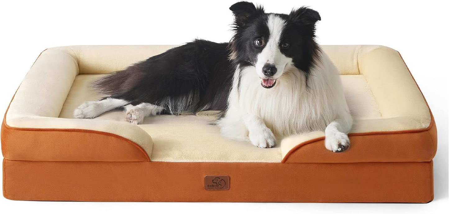 Bedsure Large Dog Bed Sofa - Washable Orthopedic Dog Beds and Couch with Removable Flannel Cover, Waterproof Dog Pillow with U-Shape Bolster, Grey Squre Pet Bed, 89x63x16cm - Comfort Style