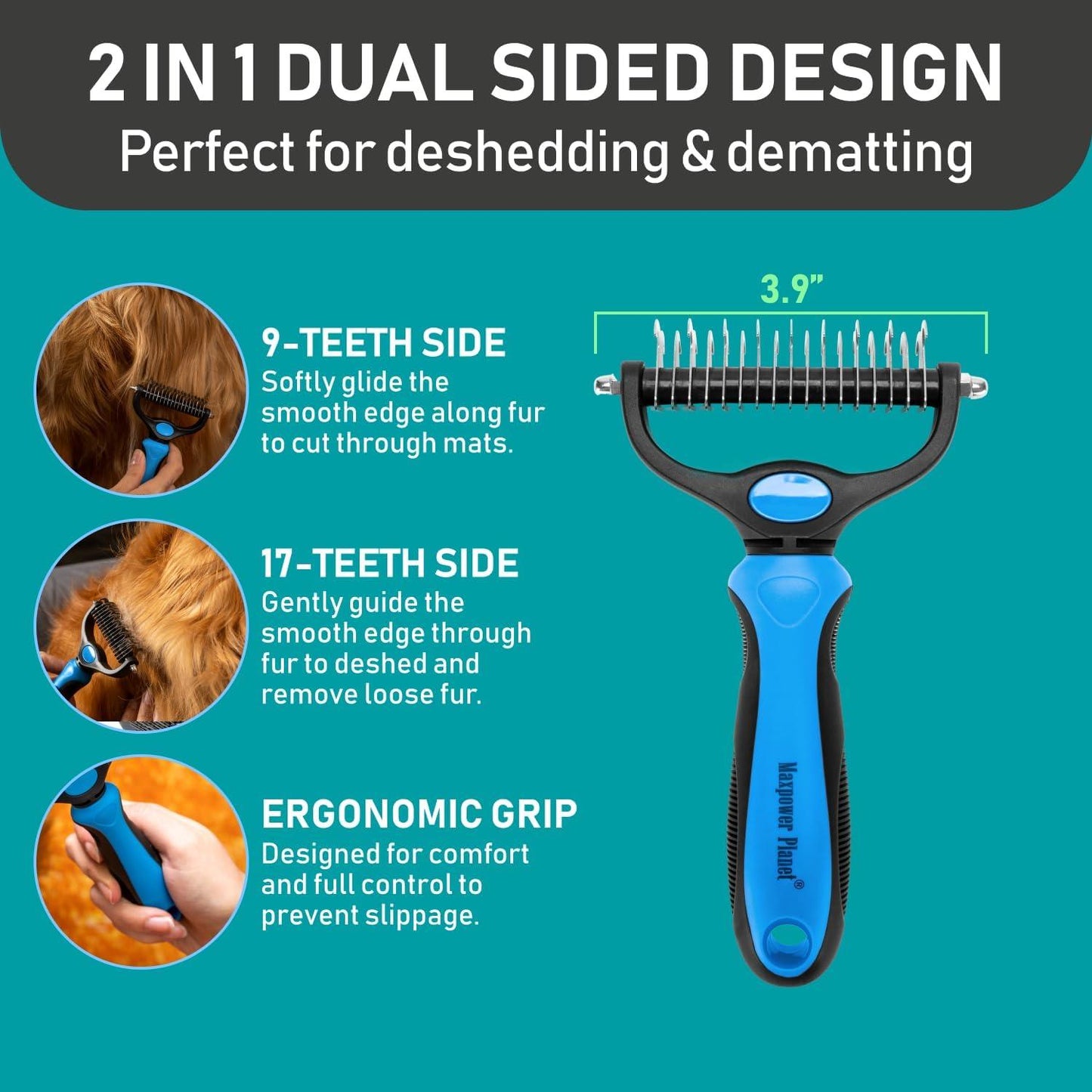 Maxpower Planet Dog Brush - Reduce Shedding by 95% - Double Sided Deshedding Dematting Tool - Undercoat Rake Dog, Cat Brush - Dog Brushes Shedding Hair - Dog Grooming Brush - Cat Grooming Brush, Blue - Comfort Style
