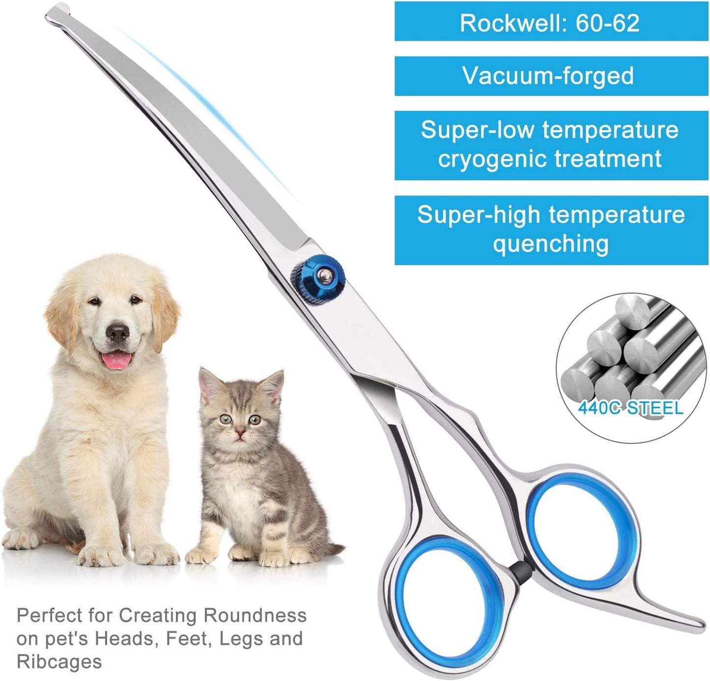 Dog Grooming Scissors with Safety Round Tip, Pet Dog Cat Curved Grooming Shears Scissors, Stainless Steel Pet Grooming Tools (Silver Down Curved Scissor) - Comfort Style
