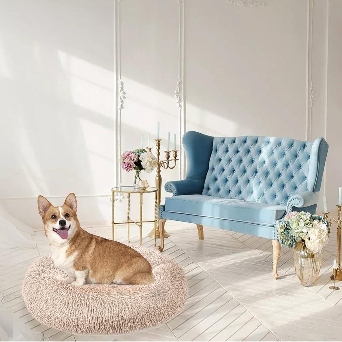 Enjamoy Plush Donut Dog Bed, Calming Round Dog Cat Bed Soft and Fluffy Cuddler Pet Cushion Self-Warming Puppy Beds Machine Washable, Grey 50cm - Comfort Style
