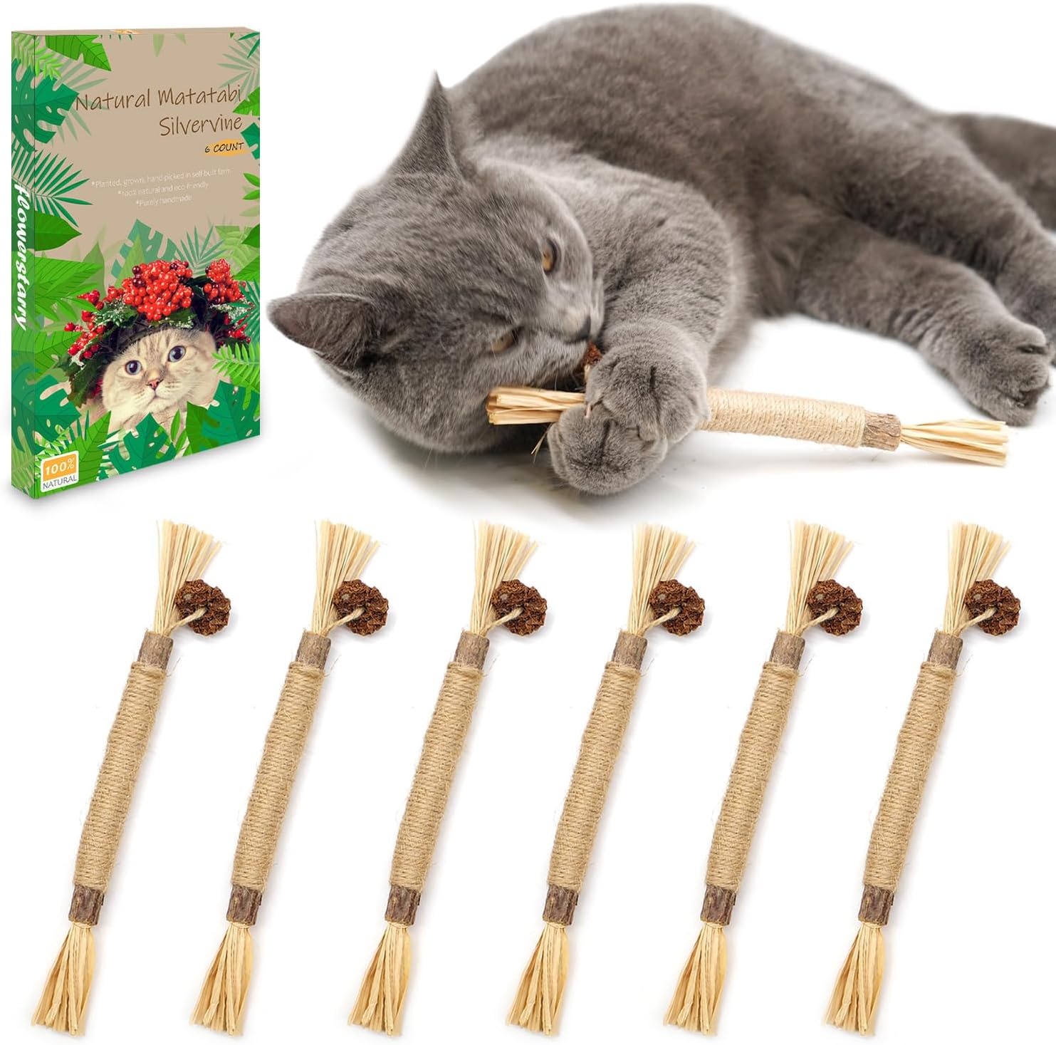 flowerstarry Packs Natural Matatabi Silvervine Chew Sticks, Natural Cat Teeth Nip Cleaning Catnip Toys for Indoor Kitten Teething and Stress