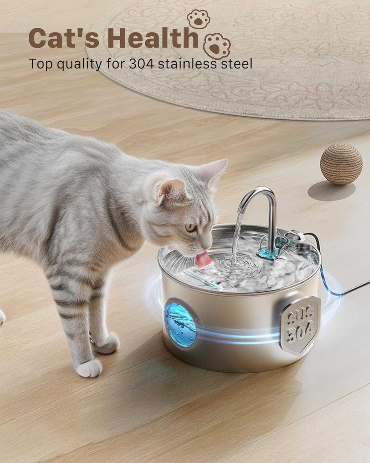 Cat Water Fountain for Drinking: Stainless Steel Cat Fountain - 2.2L Water Fountain Cat Bowl - Pet Water Fountain - Cat Drinking Fountain - Visible Water Level Cat Water Dispensers - GIOTOHUN - Comfort Style