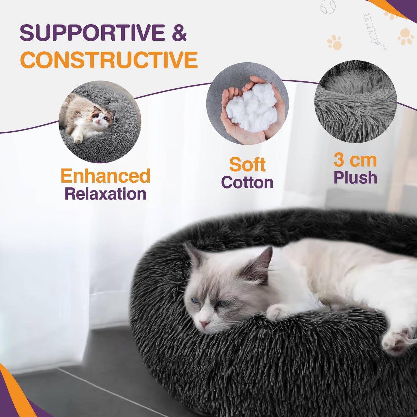 ELYF 50cm Dark Grey Donut Cat Beds for Indoor Cats Clearance, Kitten Bed and Puppy Bed with Anti-Slip Waterproof Bottom, Fluffy Cosy Pet Bedding & Furniture for Small Dog Bed Clearance, Large Cat Bed - Comfort Style