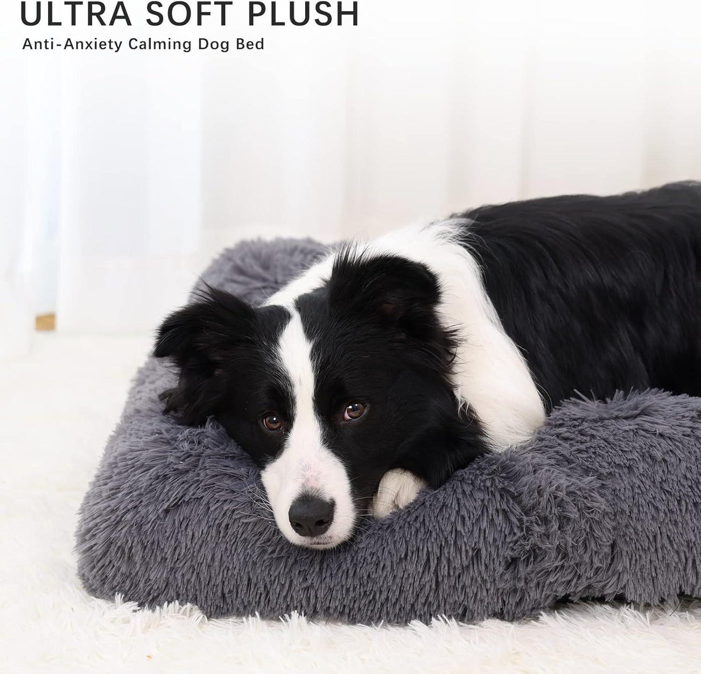 Jaspuriea Large Dog Bed Washable Dog Crate Mattress Calming Fluffy Anti Anxiety Dog Beds Deluxe Plush Dog Mat with Anti-Slip Bottom,90x60x8cm - Comfort Style