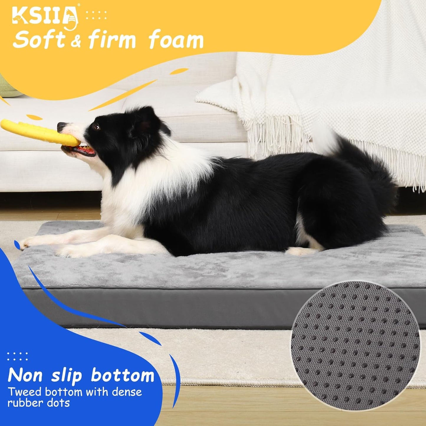 KSIIA Dog Beds Large Washable, Orthopedic Dog Crate Beds with Waterproof Removable Cover, Flat Dog Mattress Non skid Bottom, Pet Beds for Dogs, Grey, 88x55x7cm - Comfort Style