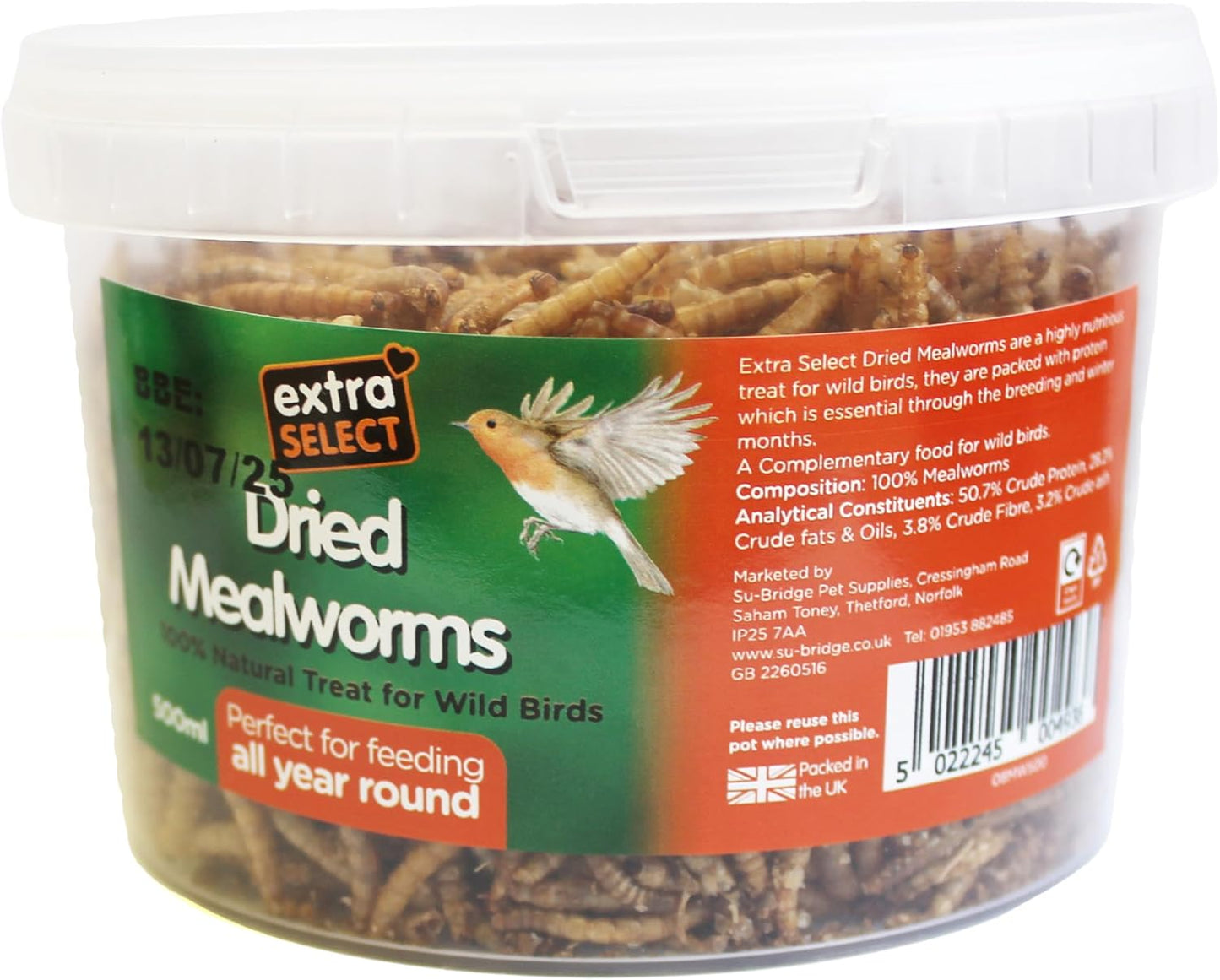 Extra Select Dried Mealworms for Wild Birds: Protein Rich Wild Bird Food for Robins to Hedgehogs - Meal Worms for Garden Birds - 500 ml - Comfort Style