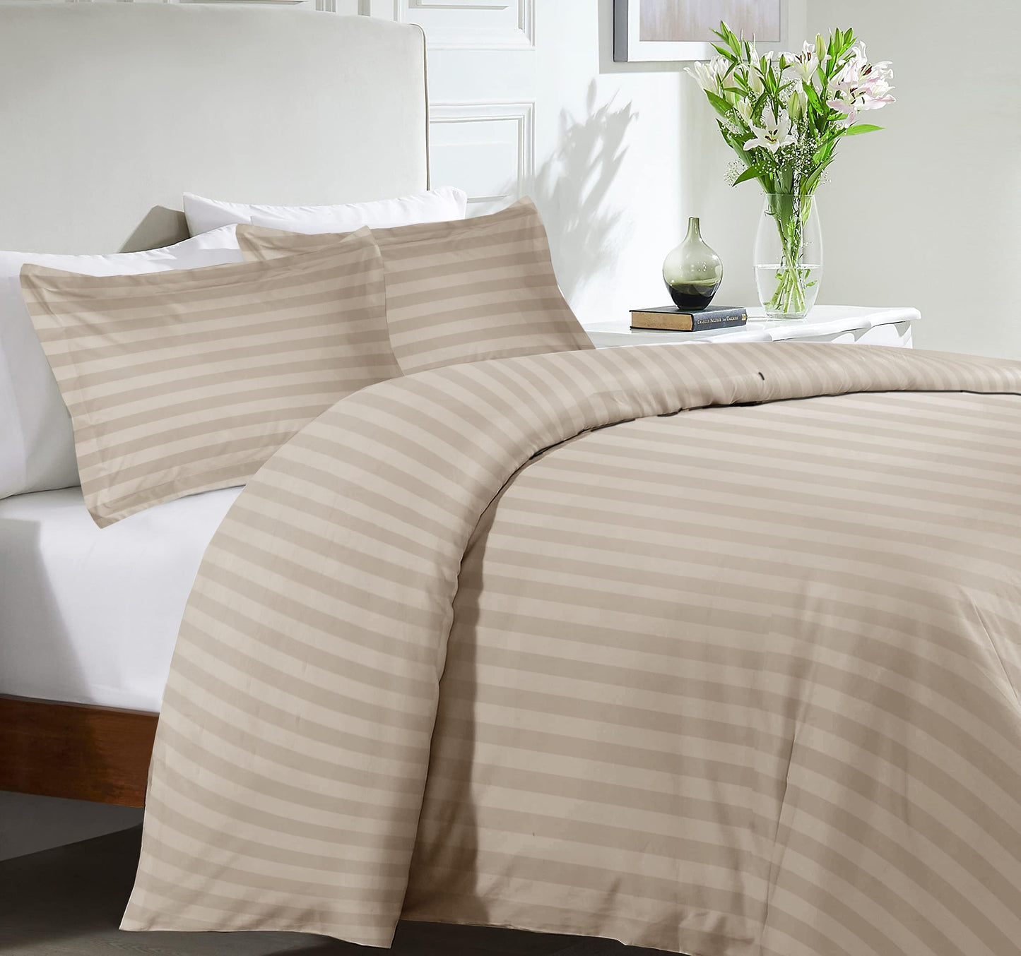 MOONLIGHT20015 Duvet Set Reversible Stripes Satin Double Bedding Set with 2 Pillowcases Soft Hypoallergenic Duvet Cover - Comfort Style