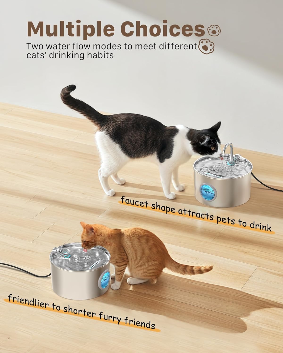 Cat Water Fountain for Drinking: Stainless Steel Cat Fountain - 2.2L Water Fountain Cat Bowl - Pet Water Fountain - Cat Drinking Fountain - Visible Water Level Cat Water Dispensers - GIOTOHUN - Comfort Style