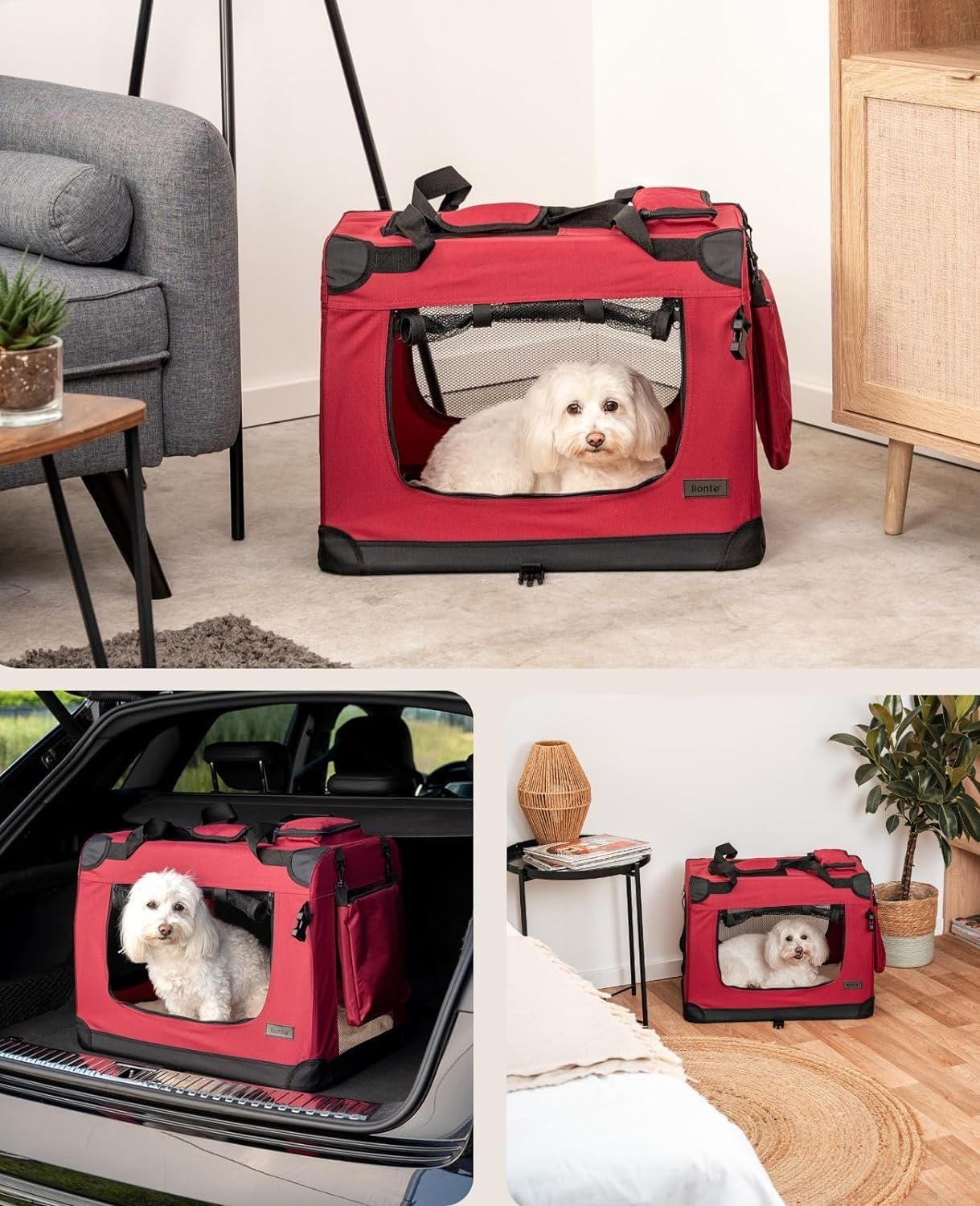lionto Dog transport box foldable for travel & car, 50x34x36 cm, sturdy transport box with carrying handles & blanket for cats & dogs up to 10 kg, sturdy fabric dog box for small & large, beige - Comfort Style
